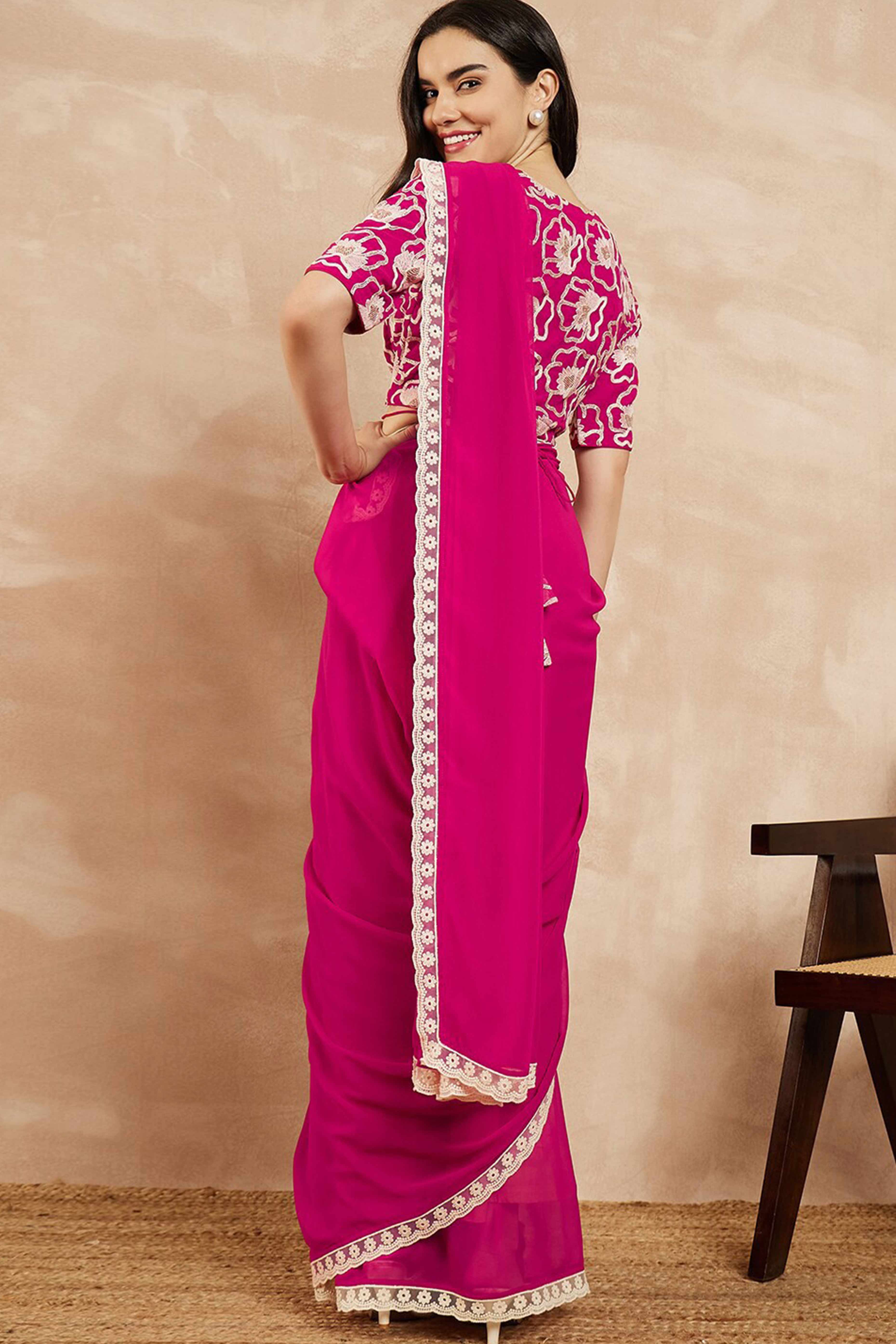 Pink Solid Georgette Saree With Embroidered Border - Image 5