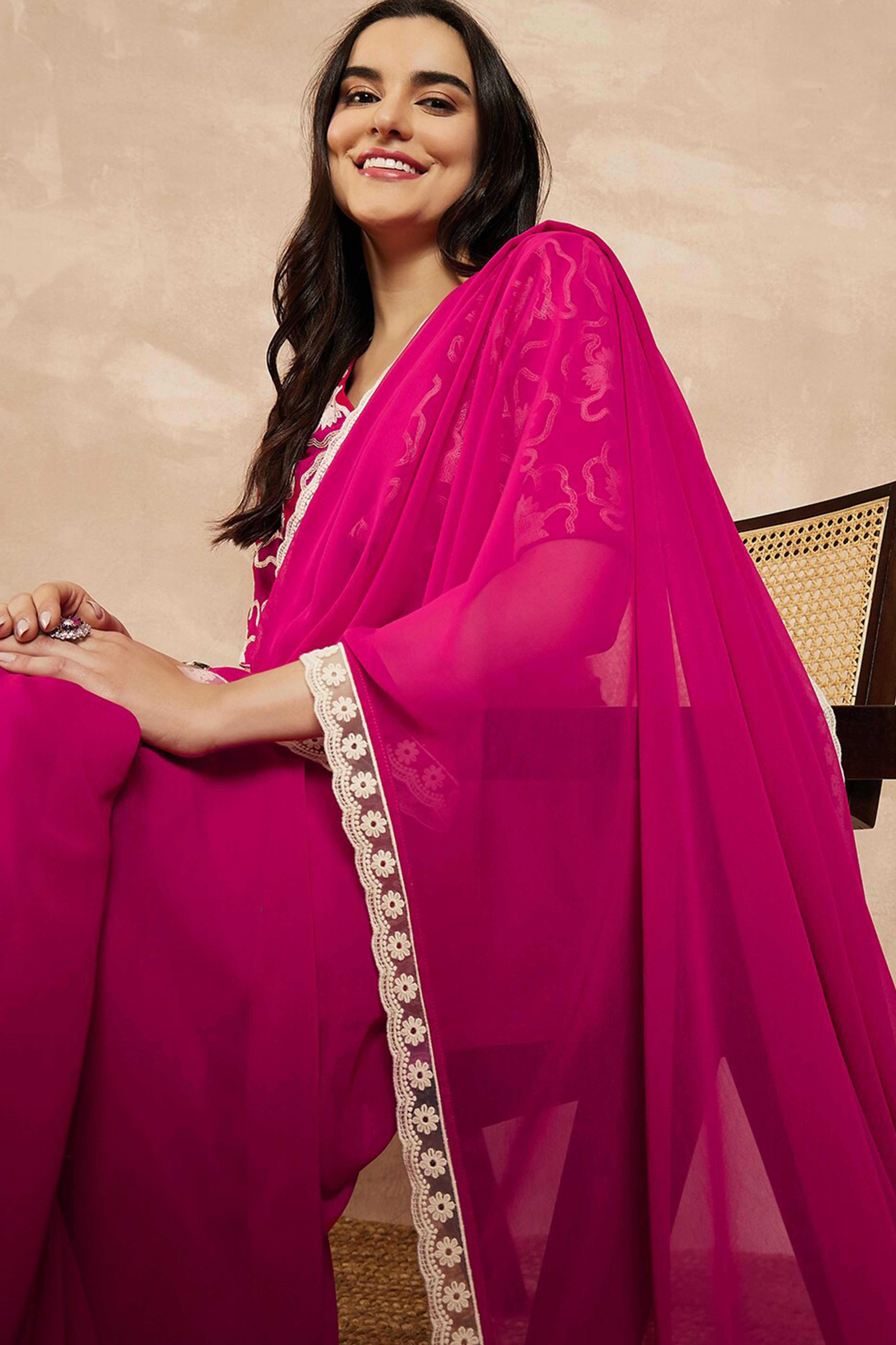 Pink Solid Georgette Saree With Embroidered Border - Image 6