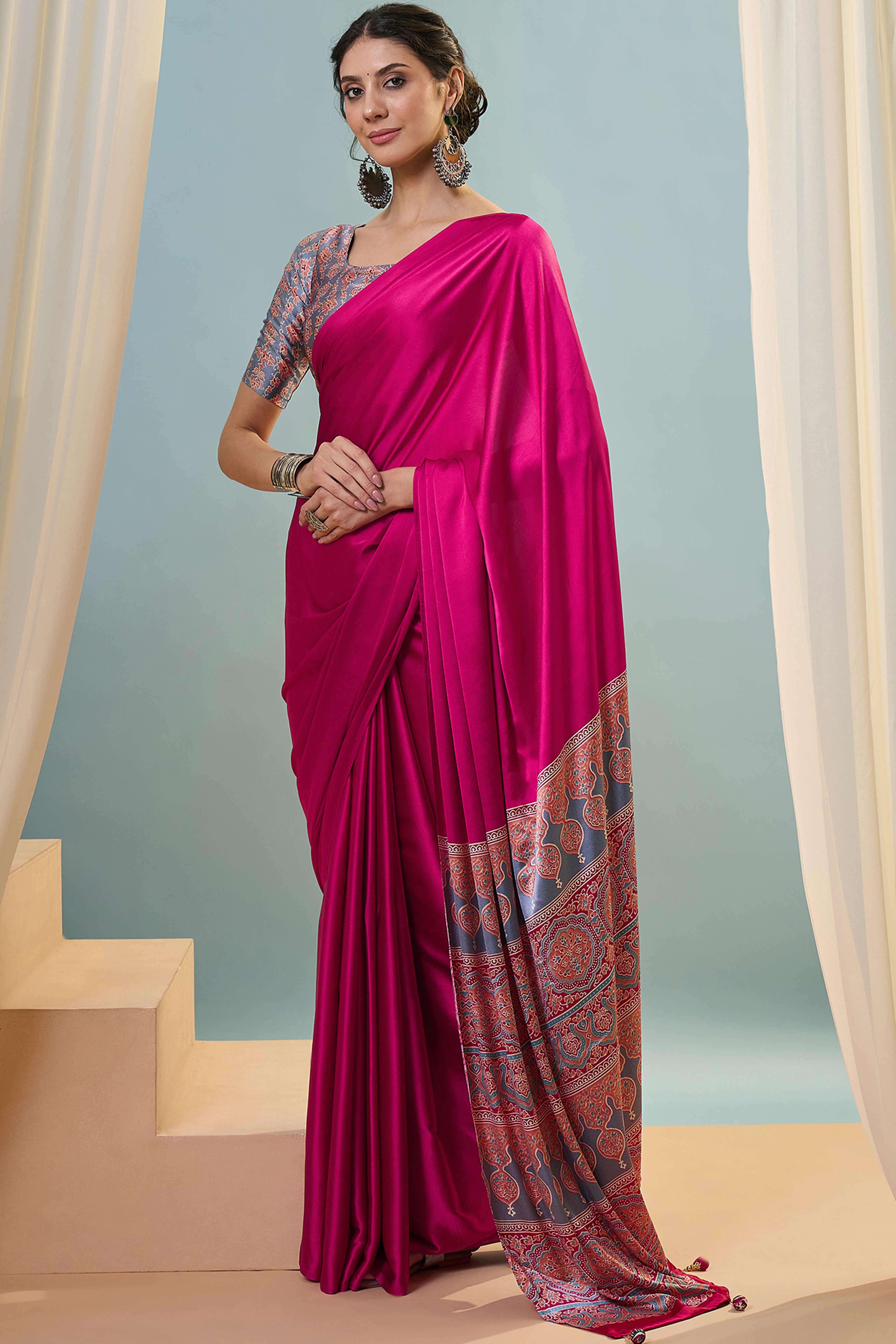 Pink Solid Modal Satin Saree Highlighted With Classic Ajrakh Pallu Design - Image 3
