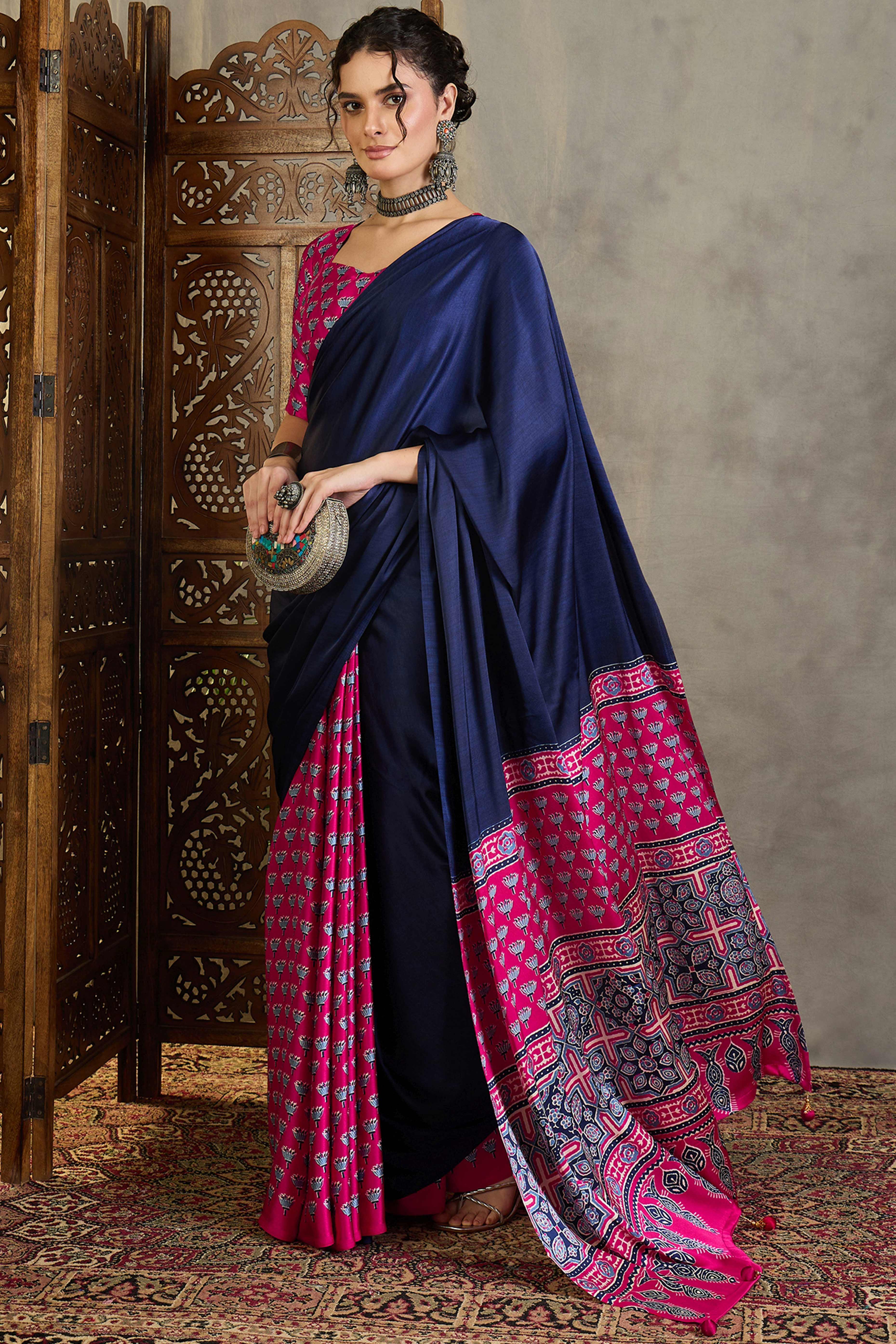 Pink Solid Modal Satin Saree Highlighted with Classic Ajrakh Pallu Design - Image 3