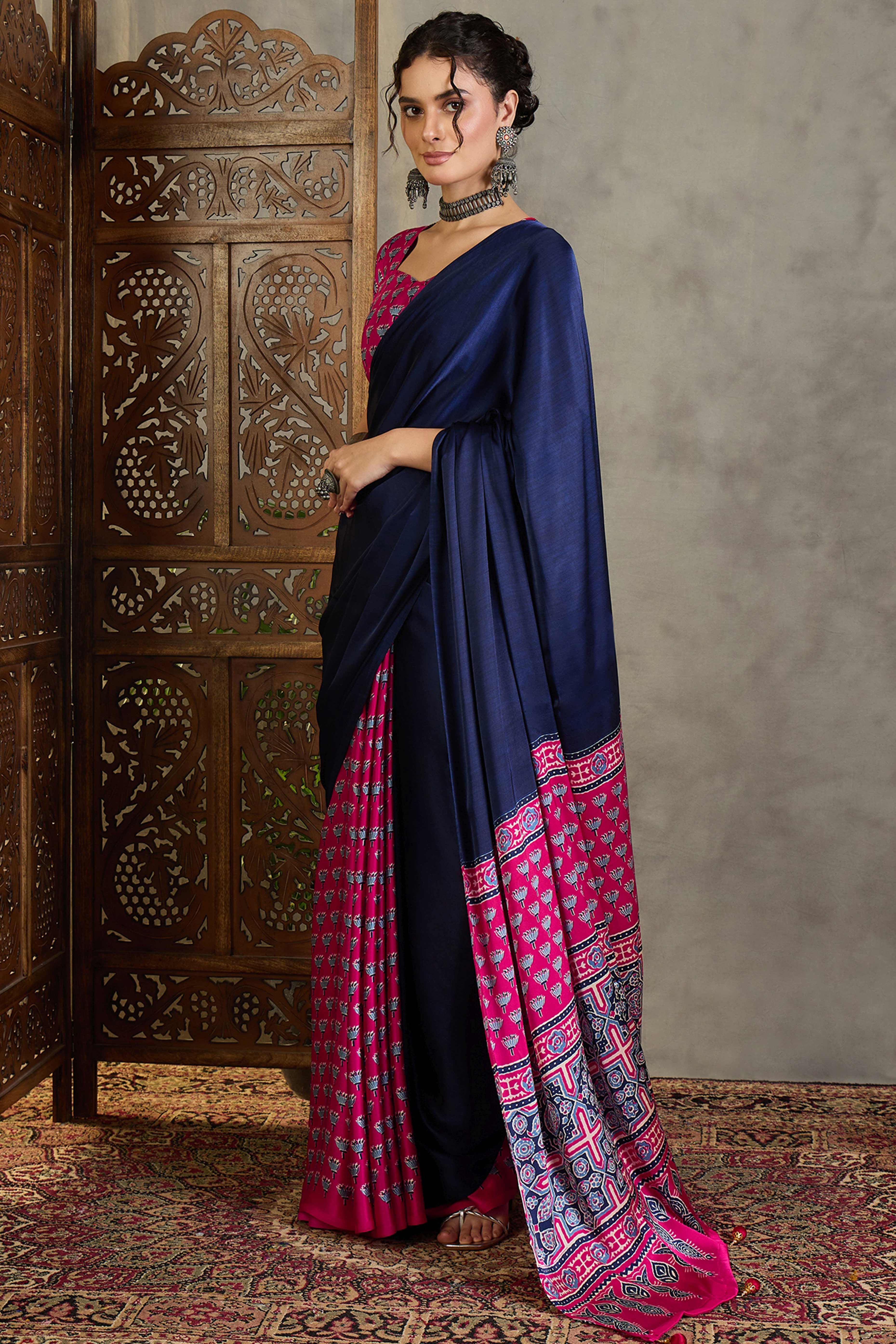 Pink Solid Modal Satin Saree Highlighted with Classic Ajrakh Pallu Design - Image 4
