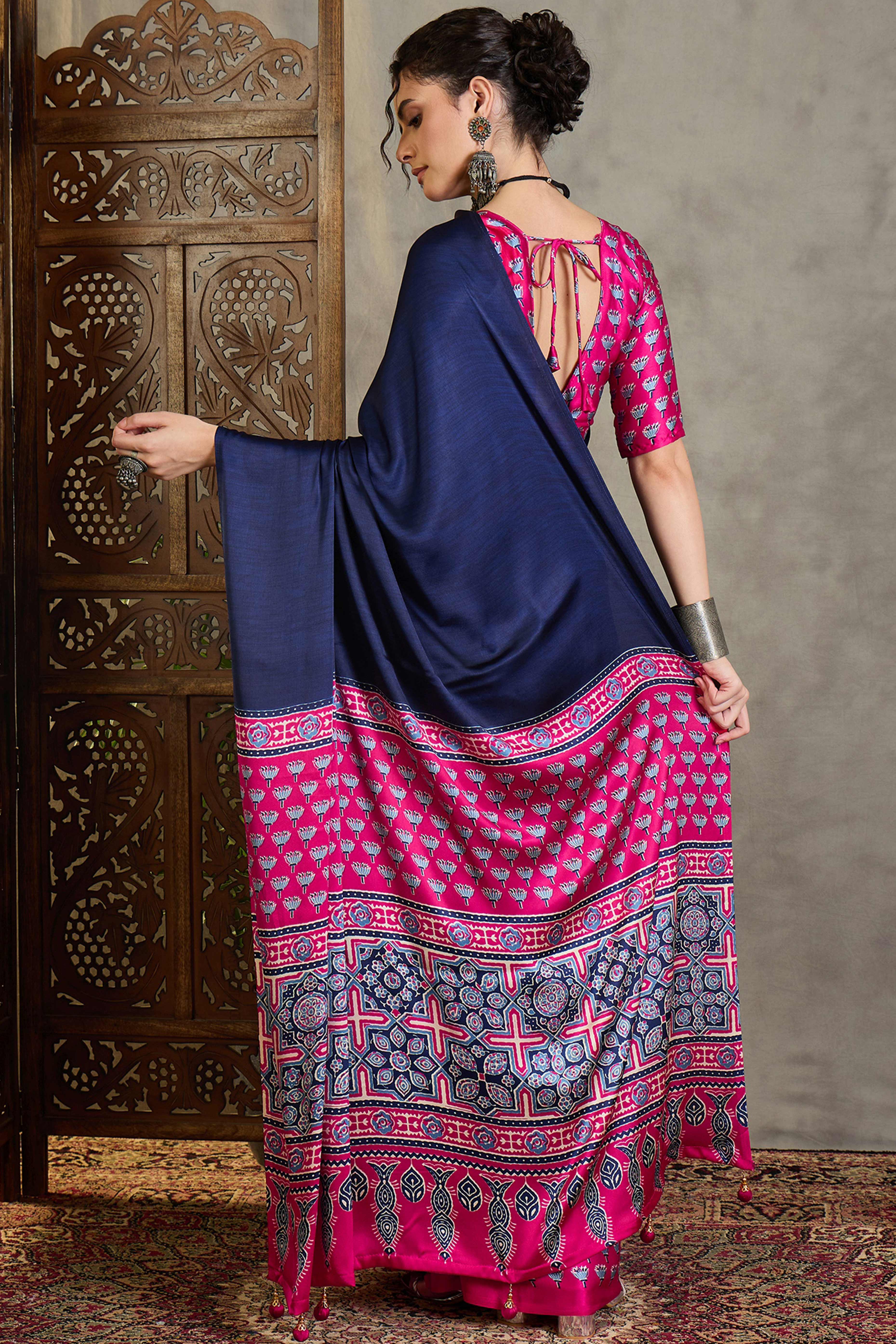 Pink Solid Modal Satin Saree Highlighted with Classic Ajrakh Pallu Design - Image 5