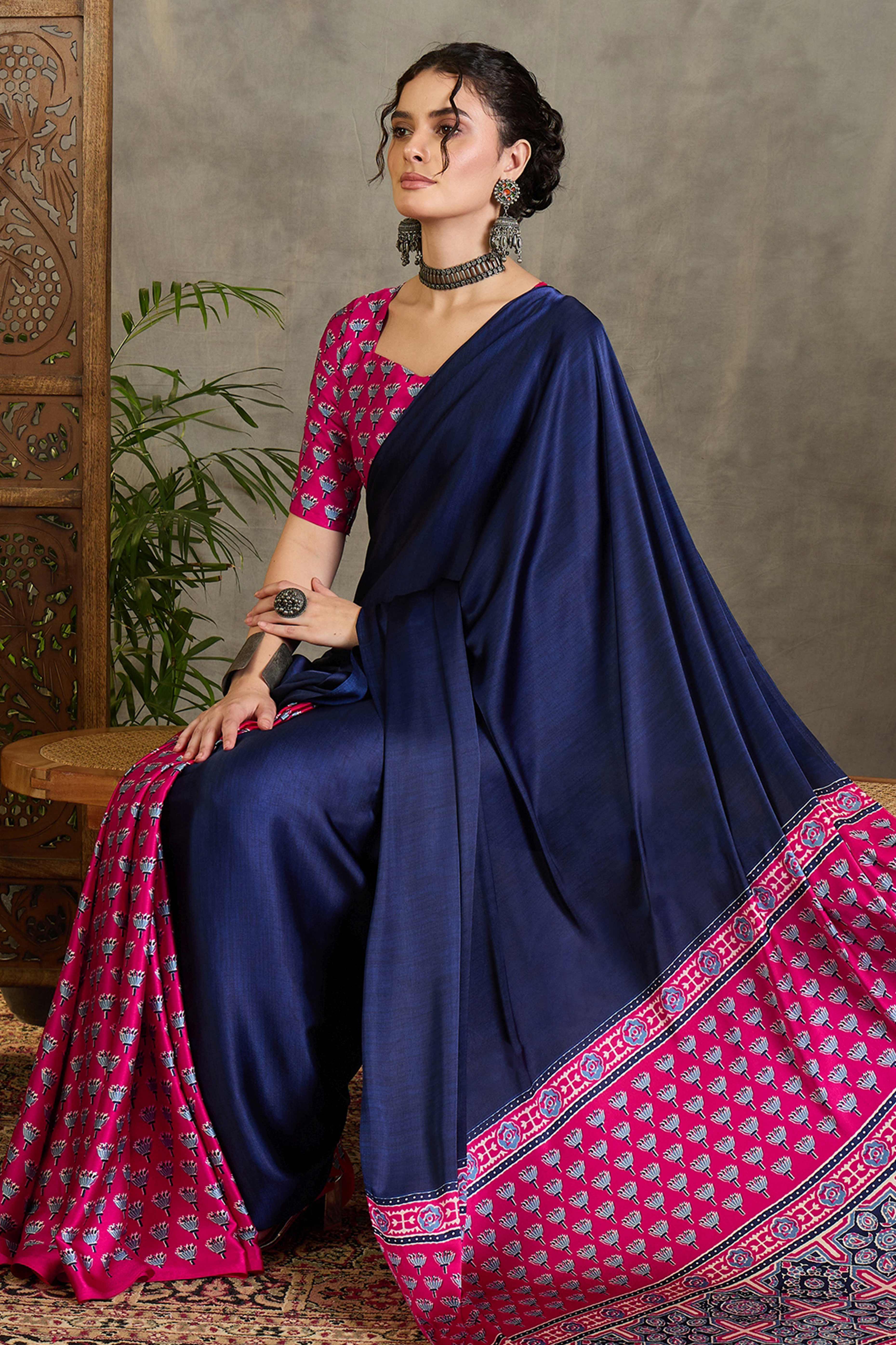 Pink Solid Modal Satin Saree Highlighted with Classic Ajrakh Pallu Design - Image 6