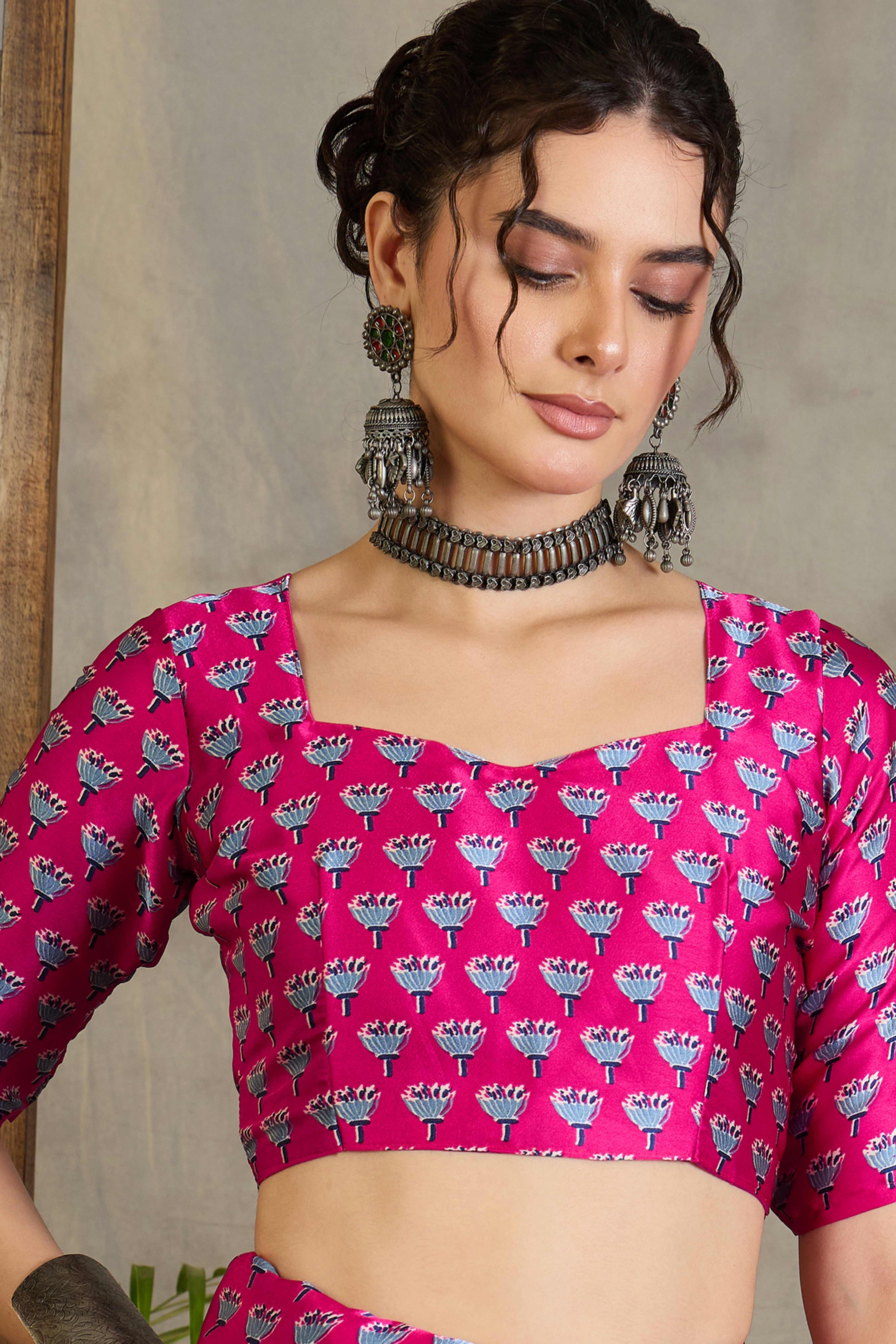 Pink Solid Modal Satin Saree Highlighted with Classic Ajrakh Pallu Design - Image 8