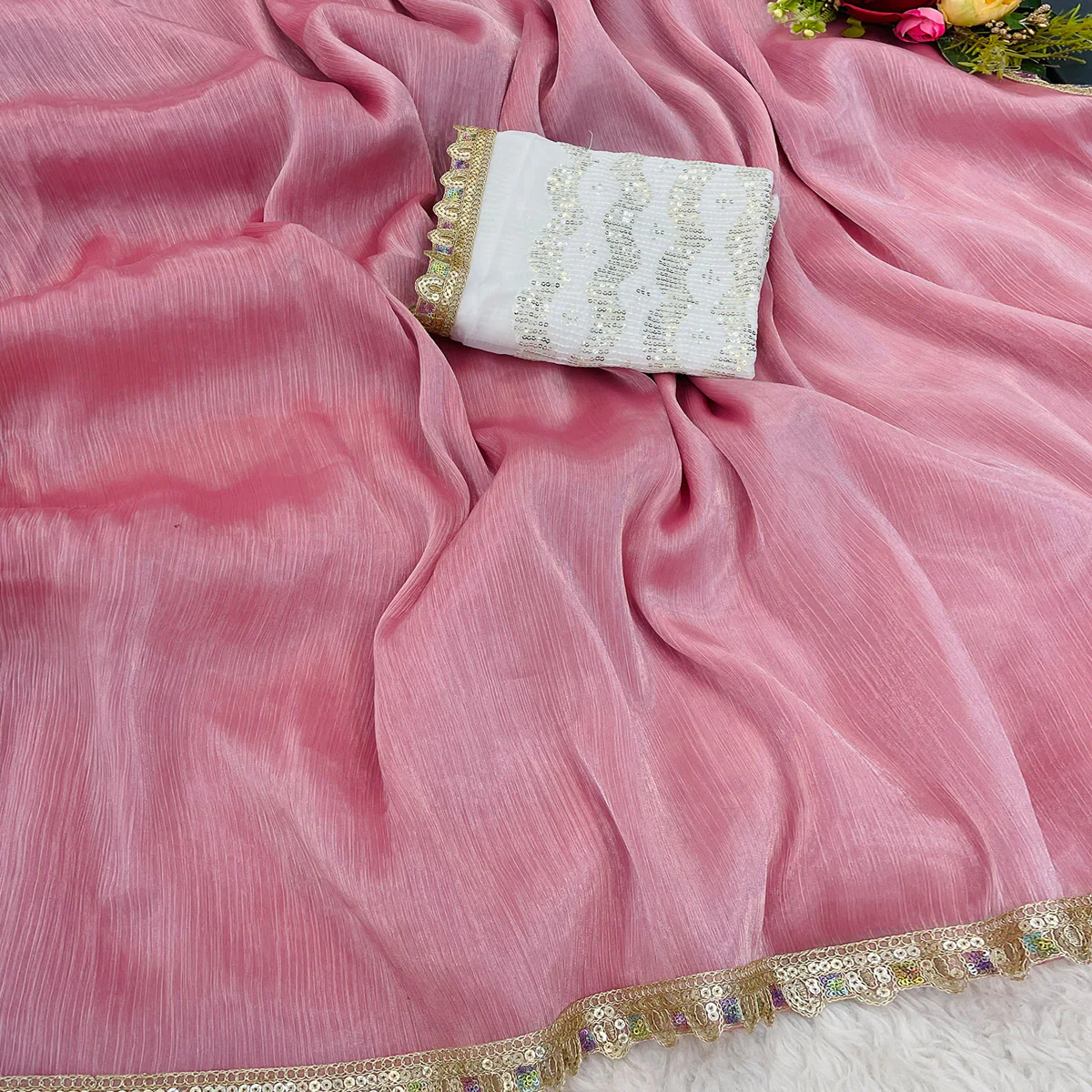 Pink Solid Satin Burberry Saree With Sparkling Sequins Embroidered Lace Border - Image 2