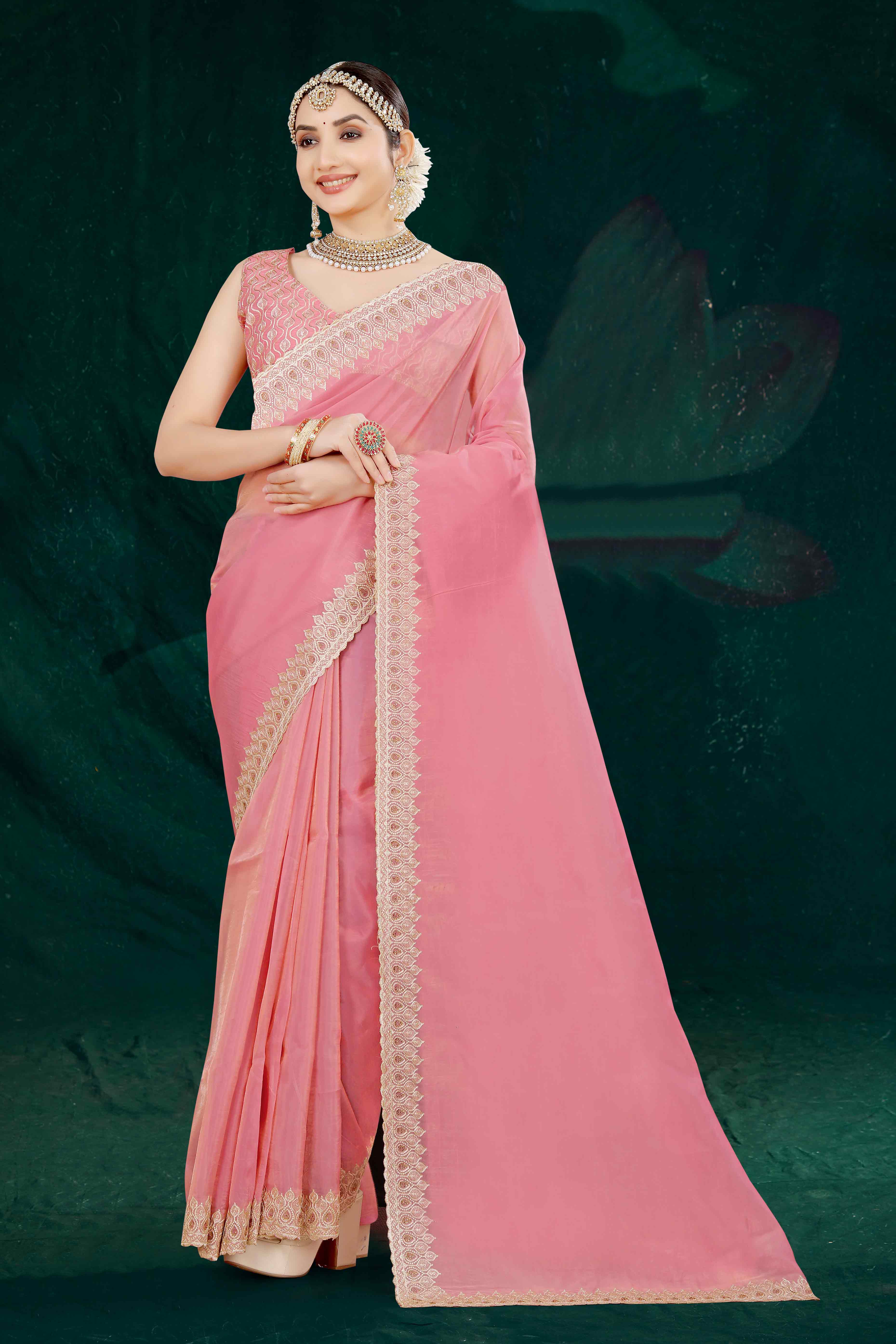 Pink Solid With Swarovski Work Tissue Gold Crush Saree - Image 3
