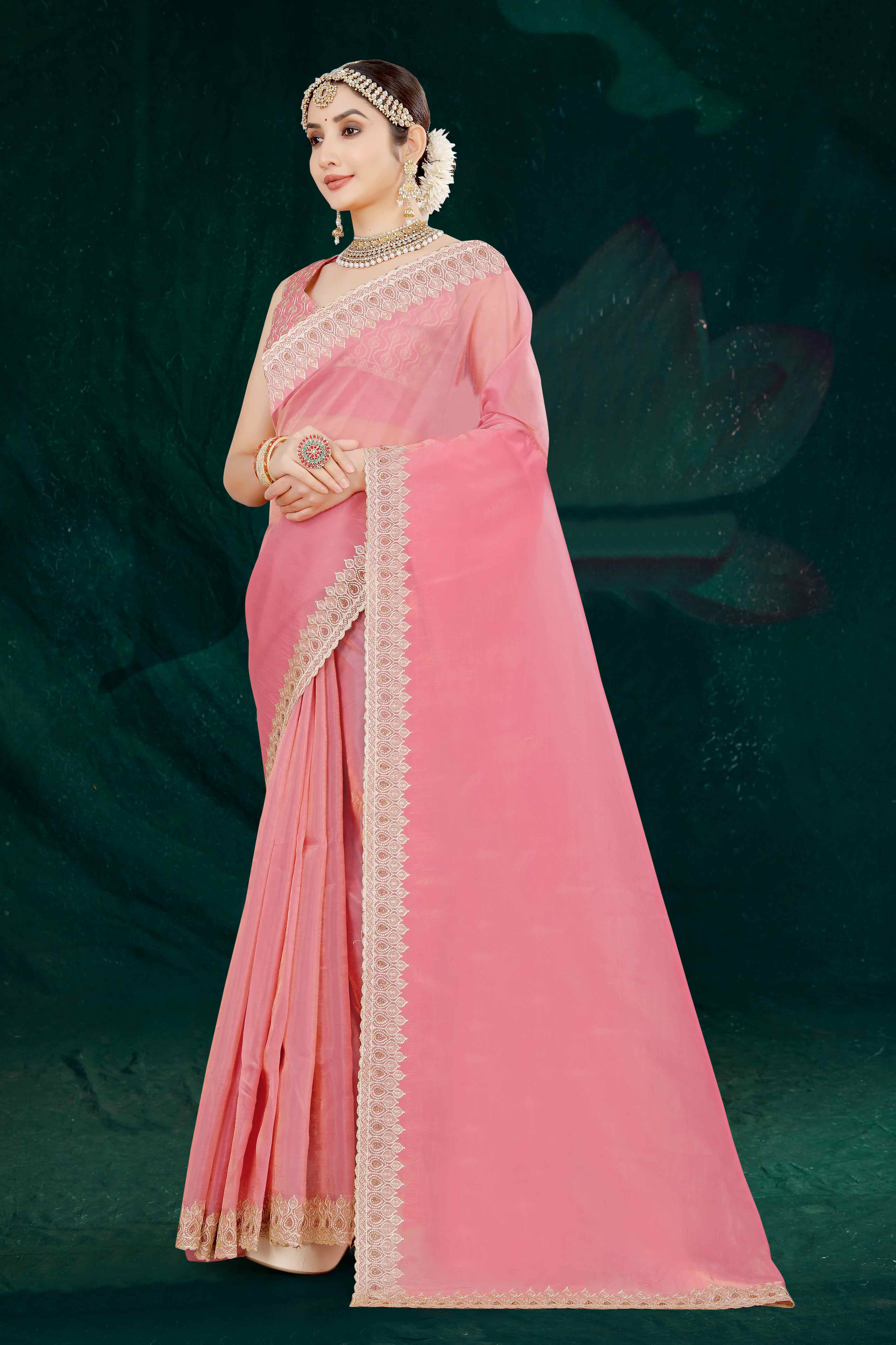 Pink Solid With Swarovski Work Tissue Gold Crush Saree - Image 4