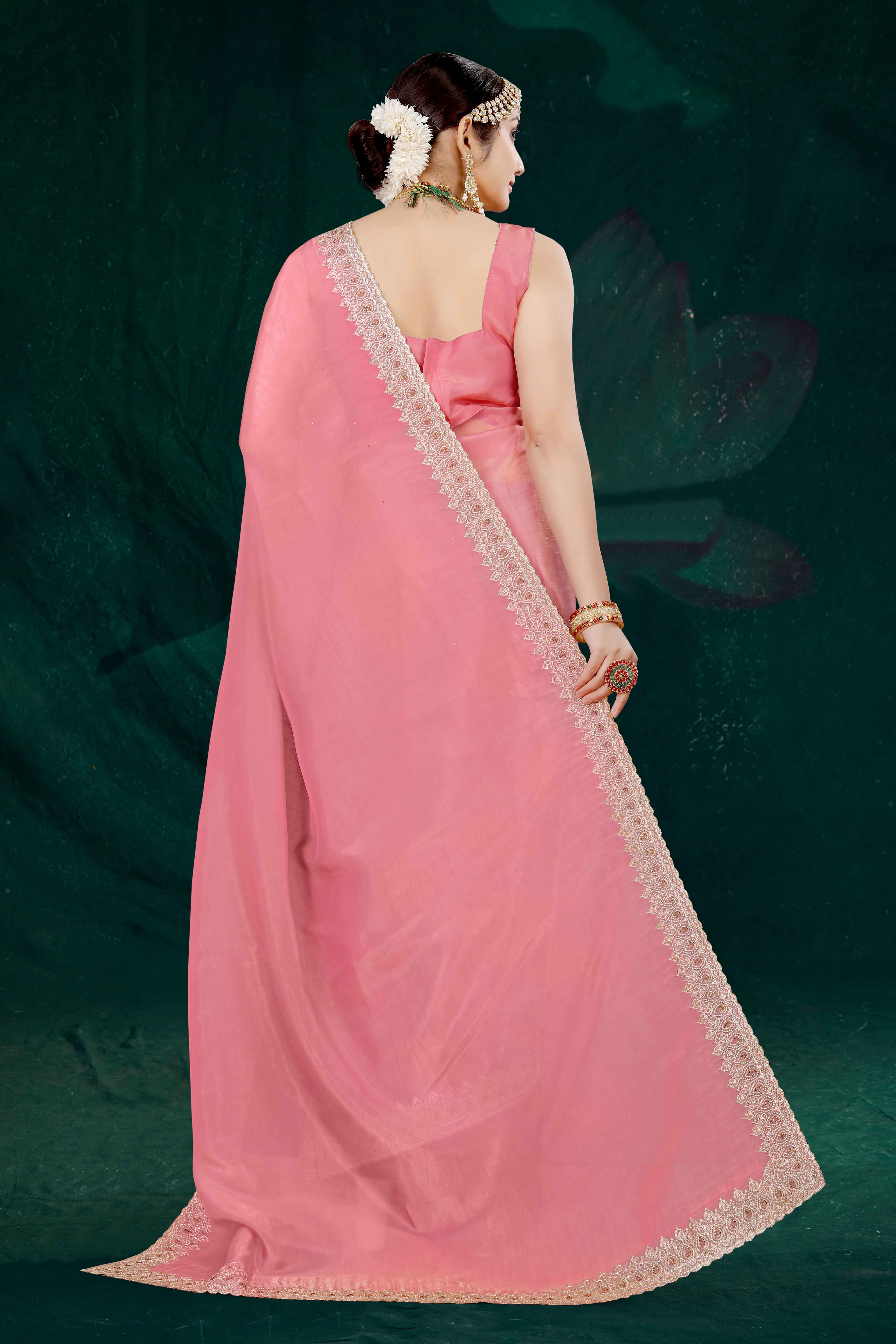 Pink Solid With Swarovski Work Tissue Gold Crush Saree - Image 5
