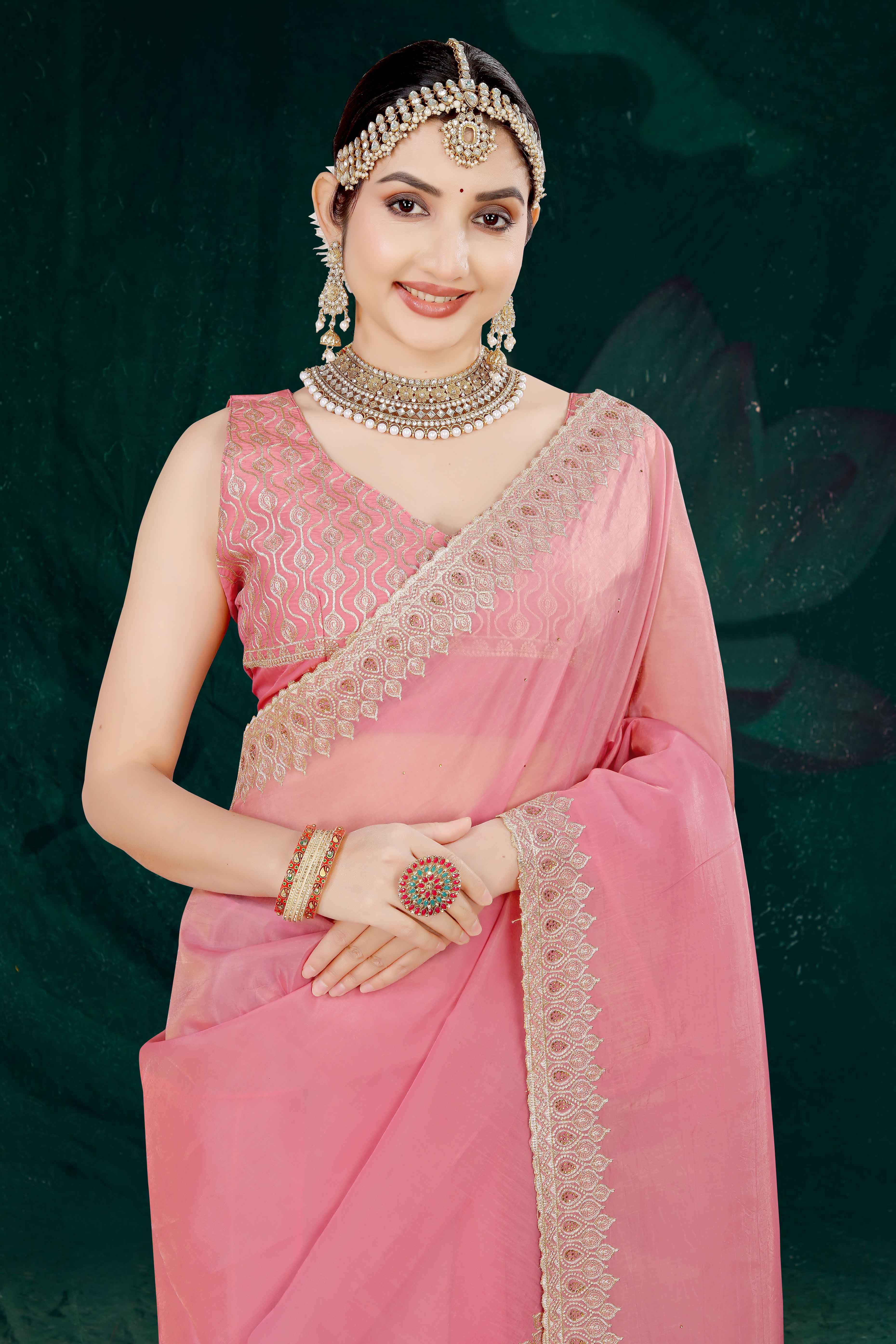 Pink Solid With Swarovski Work Tissue Gold Crush Saree - Image 6