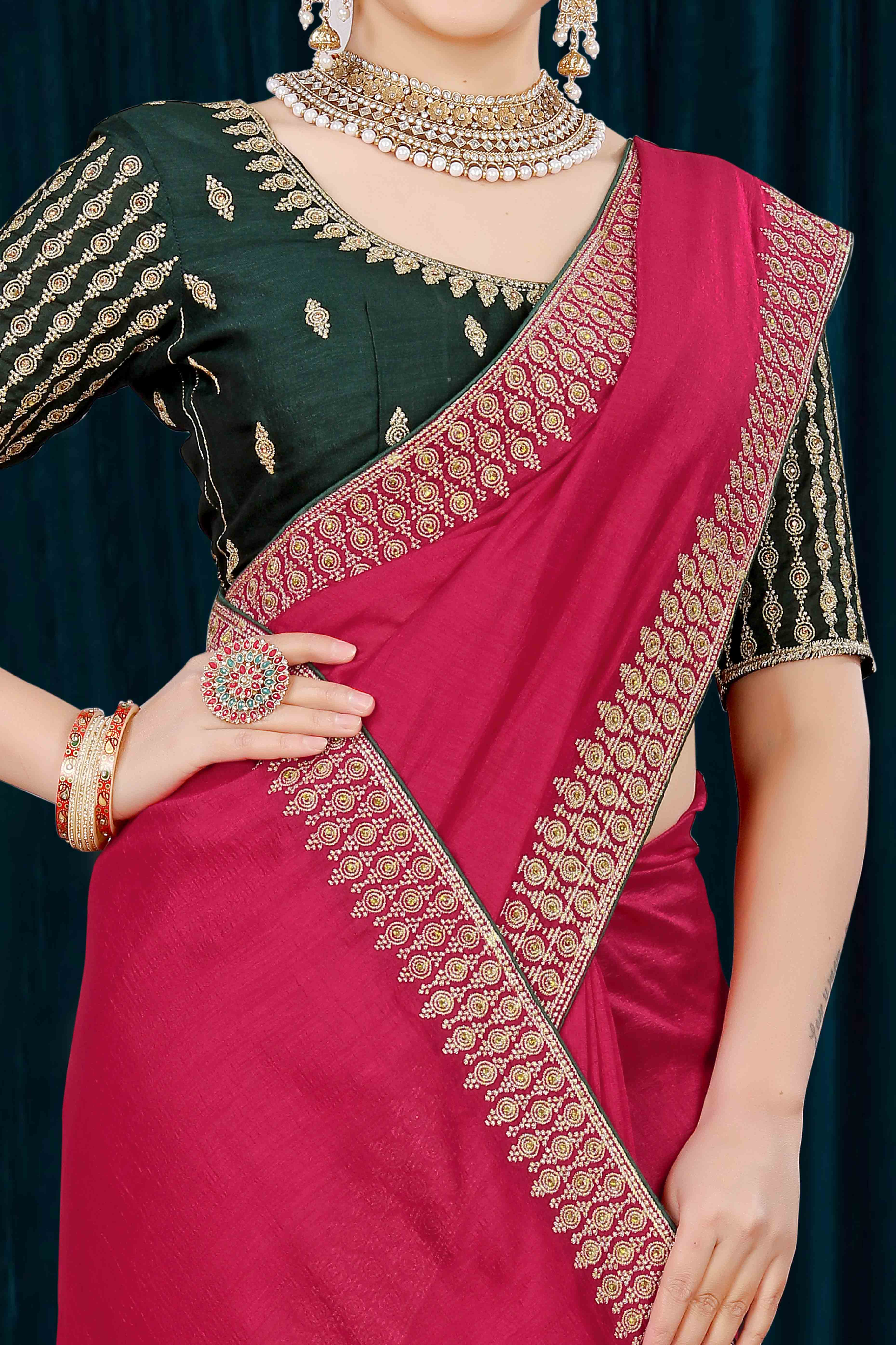 Pink Solid With Zari Embroidered Vichitra Silk Saree - Image 2