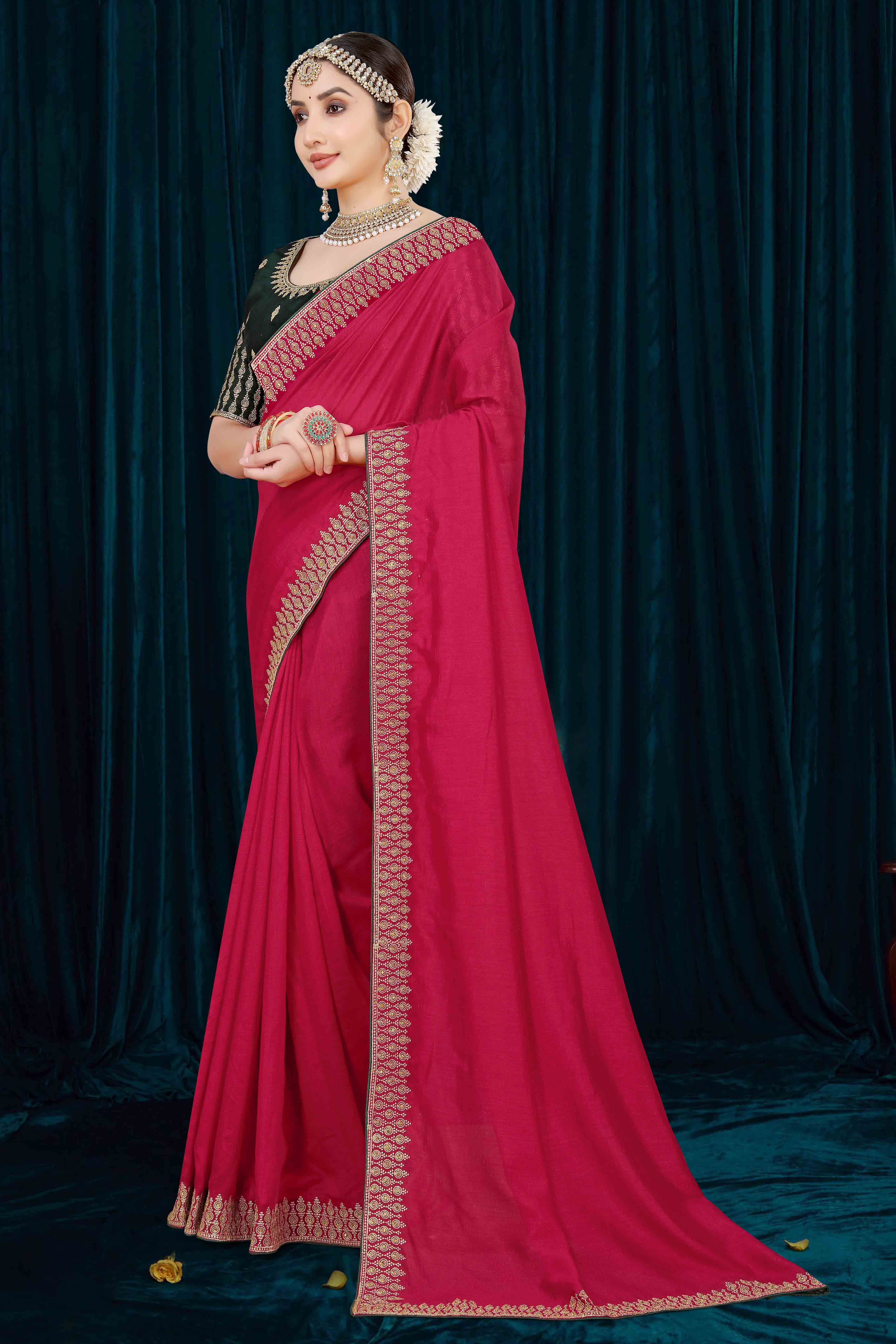 Pink Solid With Zari Embroidered Vichitra Silk Saree - Image 4