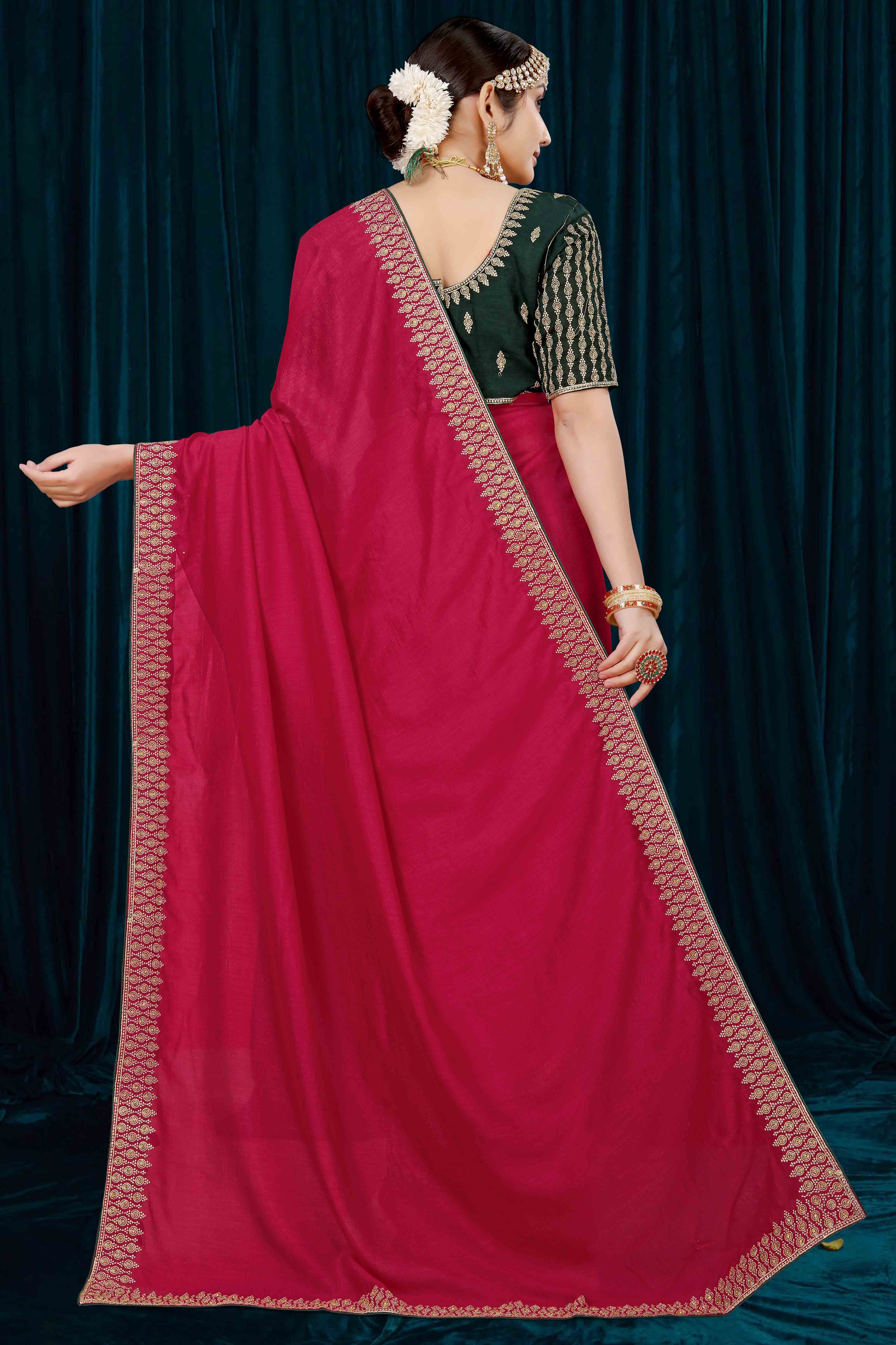 Pink Solid With Zari Embroidered Vichitra Silk Saree - Image 5
