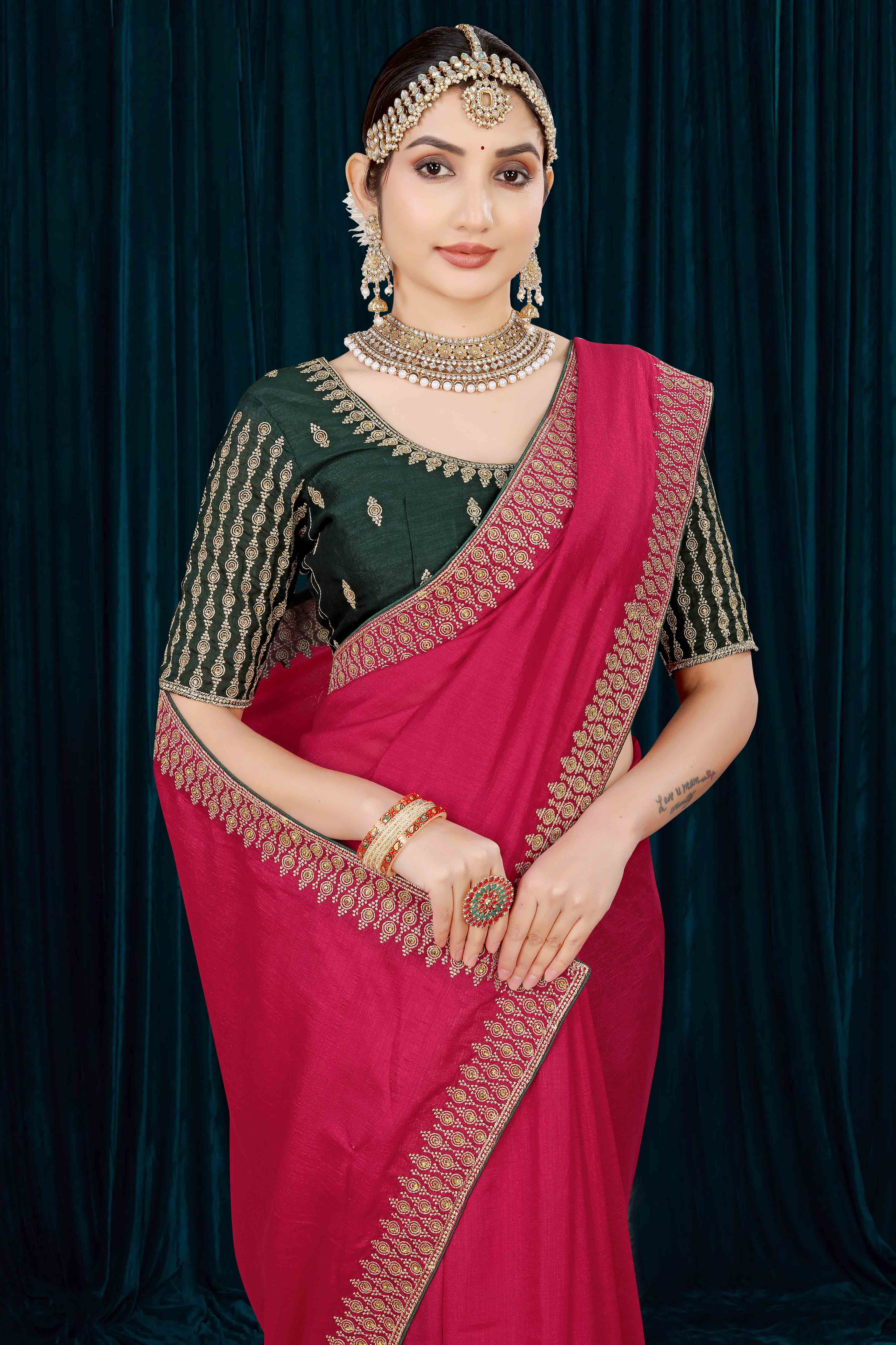 Pink Solid With Zari Embroidered Vichitra Silk Saree - Image 6
