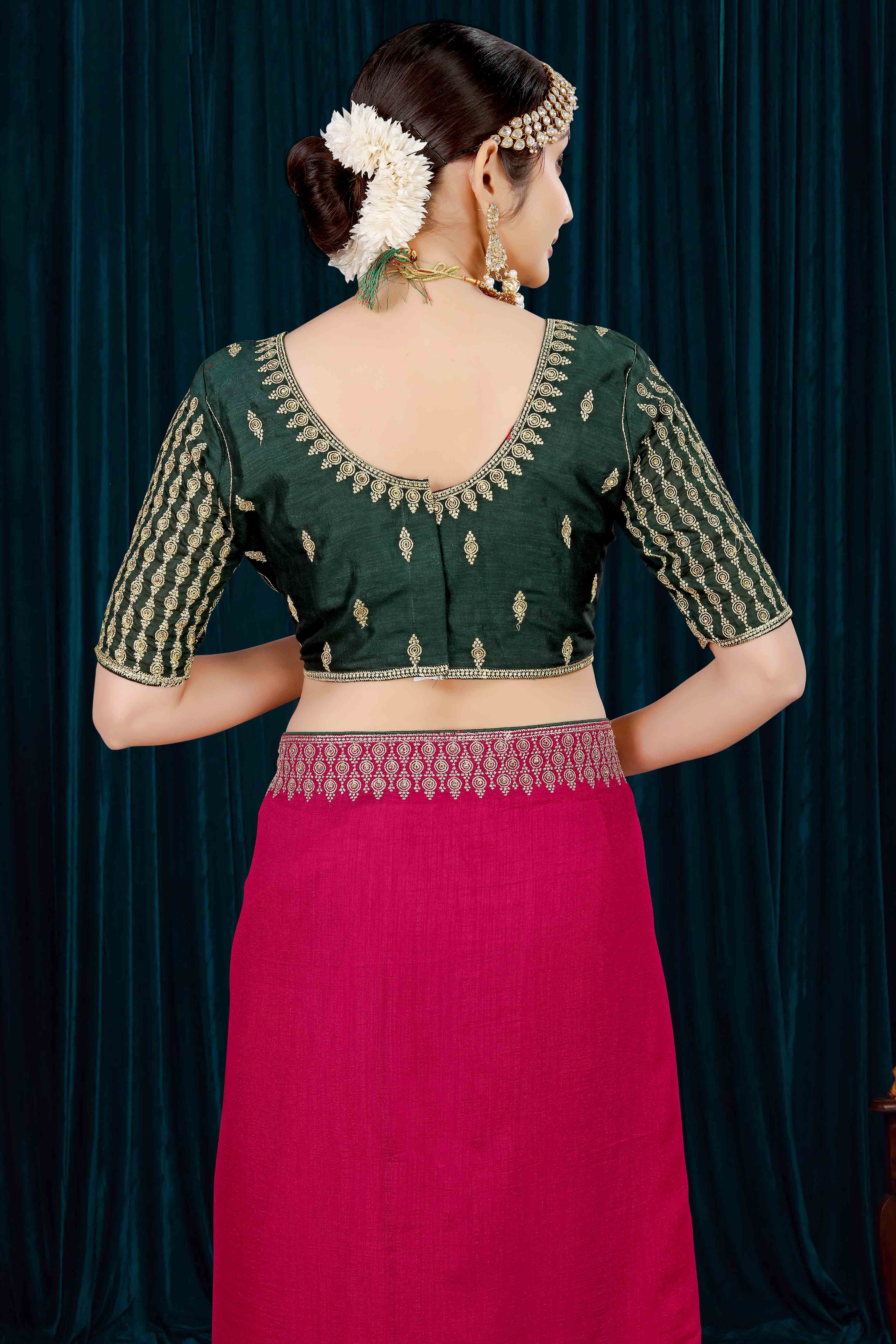 Pink Solid With Zari Embroidered Vichitra Silk Saree - Image 8