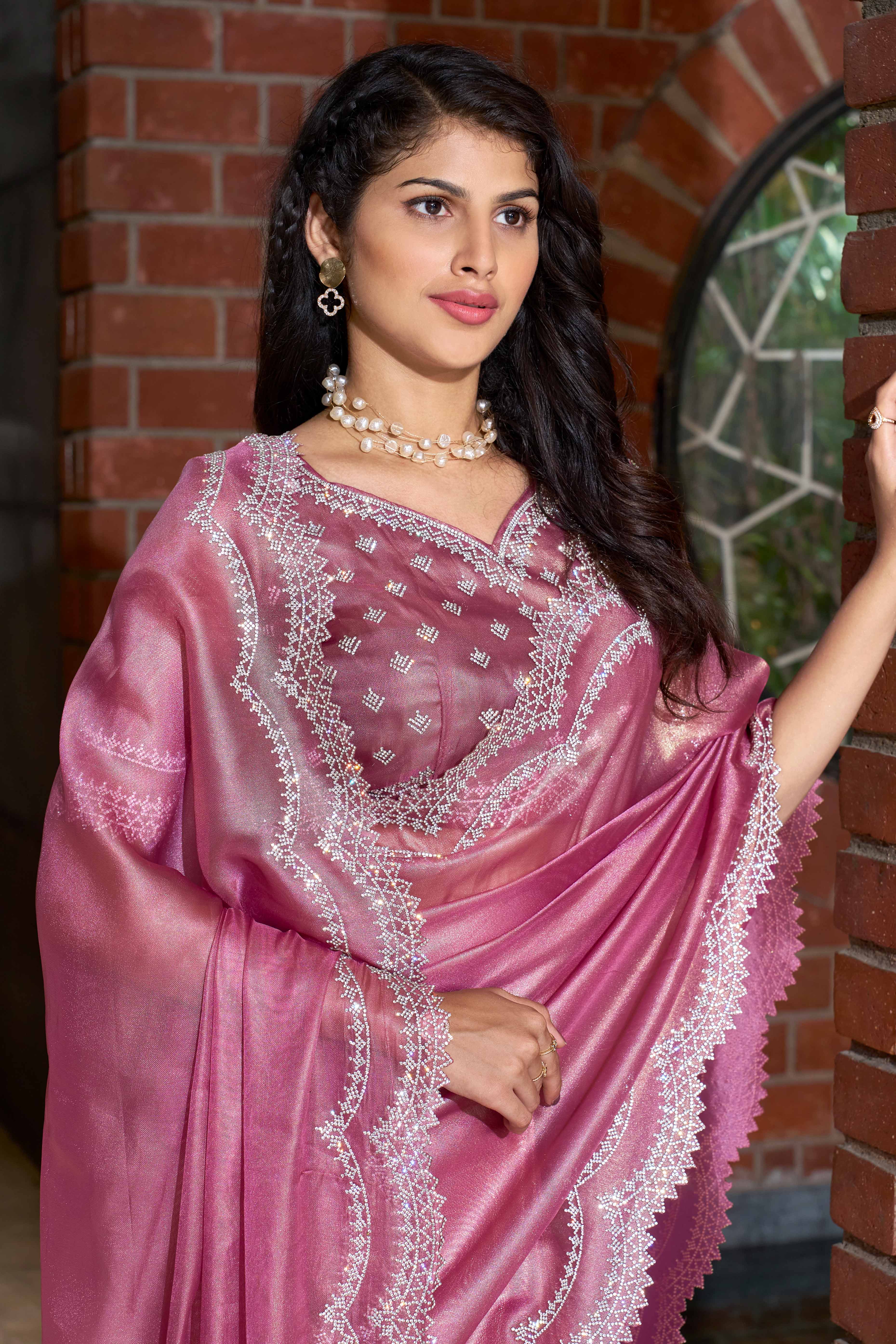 Stunning Pink Organza Solid Saree With a Touch of Zarkan Opulence - Image 5