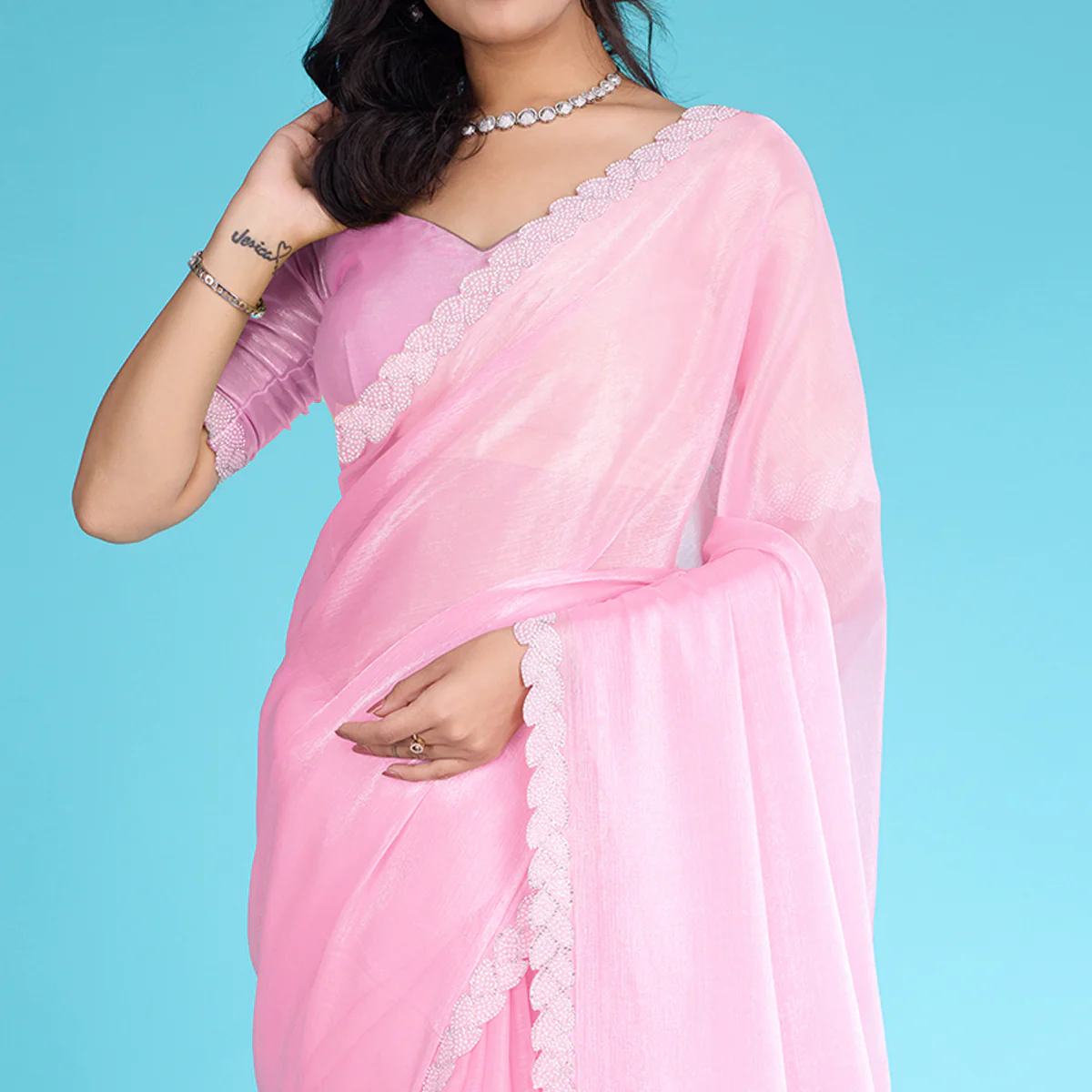 Pink Solid With Zarkan & Ceramic Pearl Diamond Lace Tissue Saree - Image 3