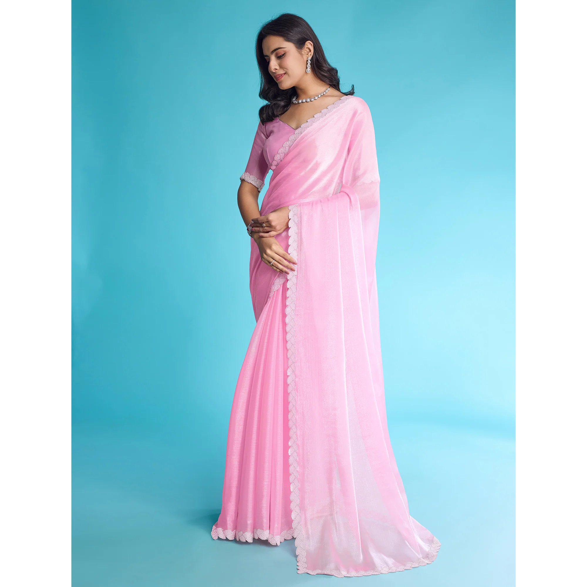 Pink Solid With Zarkan & Ceramic Pearl Diamond Lace Tissue Saree - Image 4