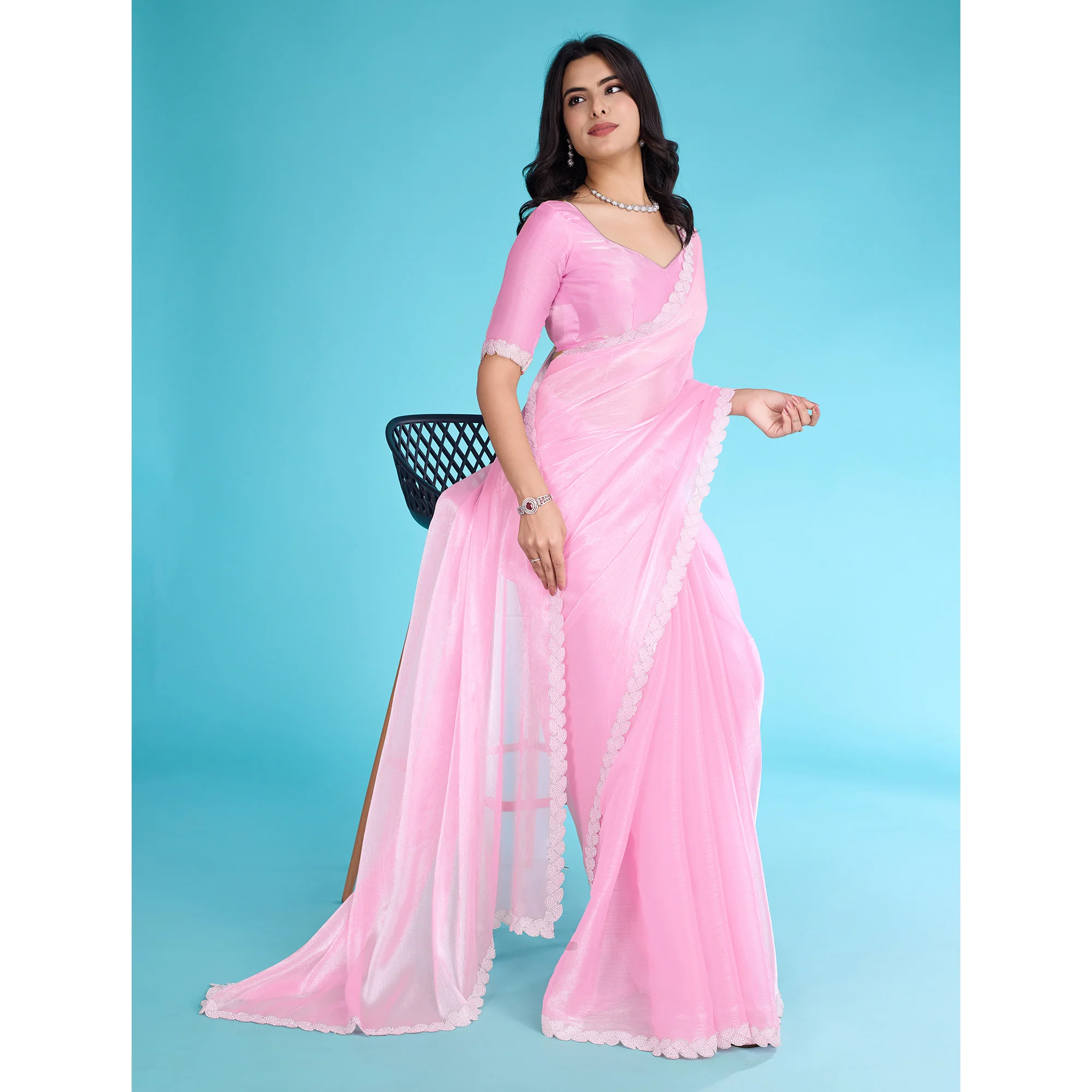Pink Solid With Zarkan & Ceramic Pearl Diamond Lace Tissue Saree - Image 5