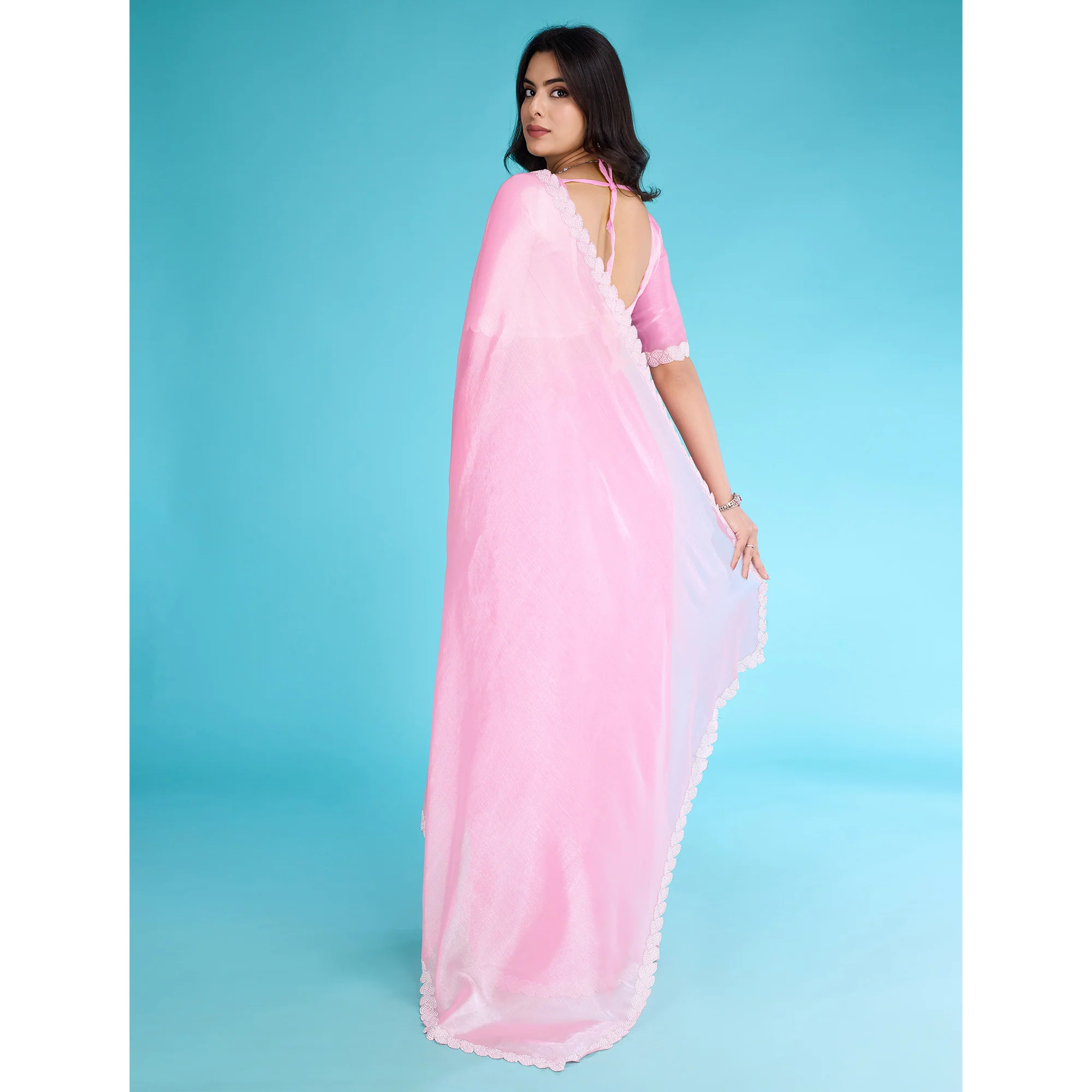 Pink Solid With Zarkan & Ceramic Pearl Diamond Lace Tissue Saree - Image 6