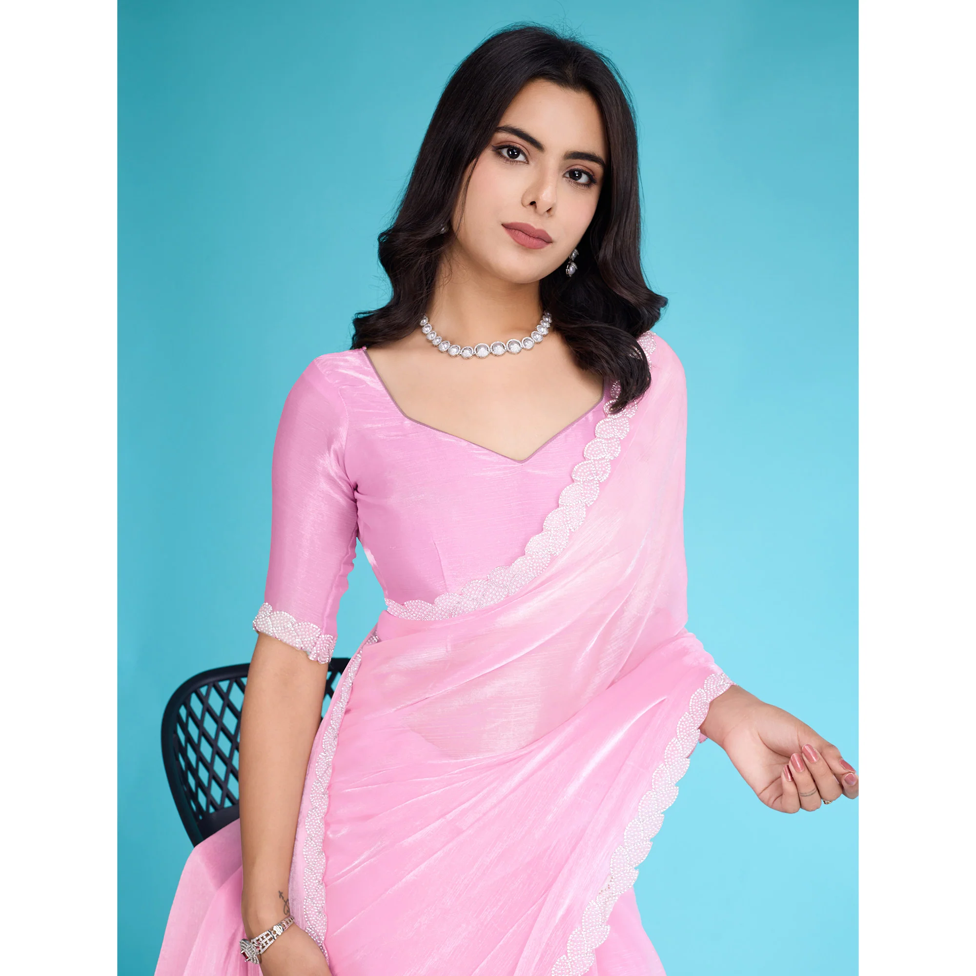 Pink Solid With Zarkan & Ceramic Pearl Diamond Lace Tissue Saree - Image 7