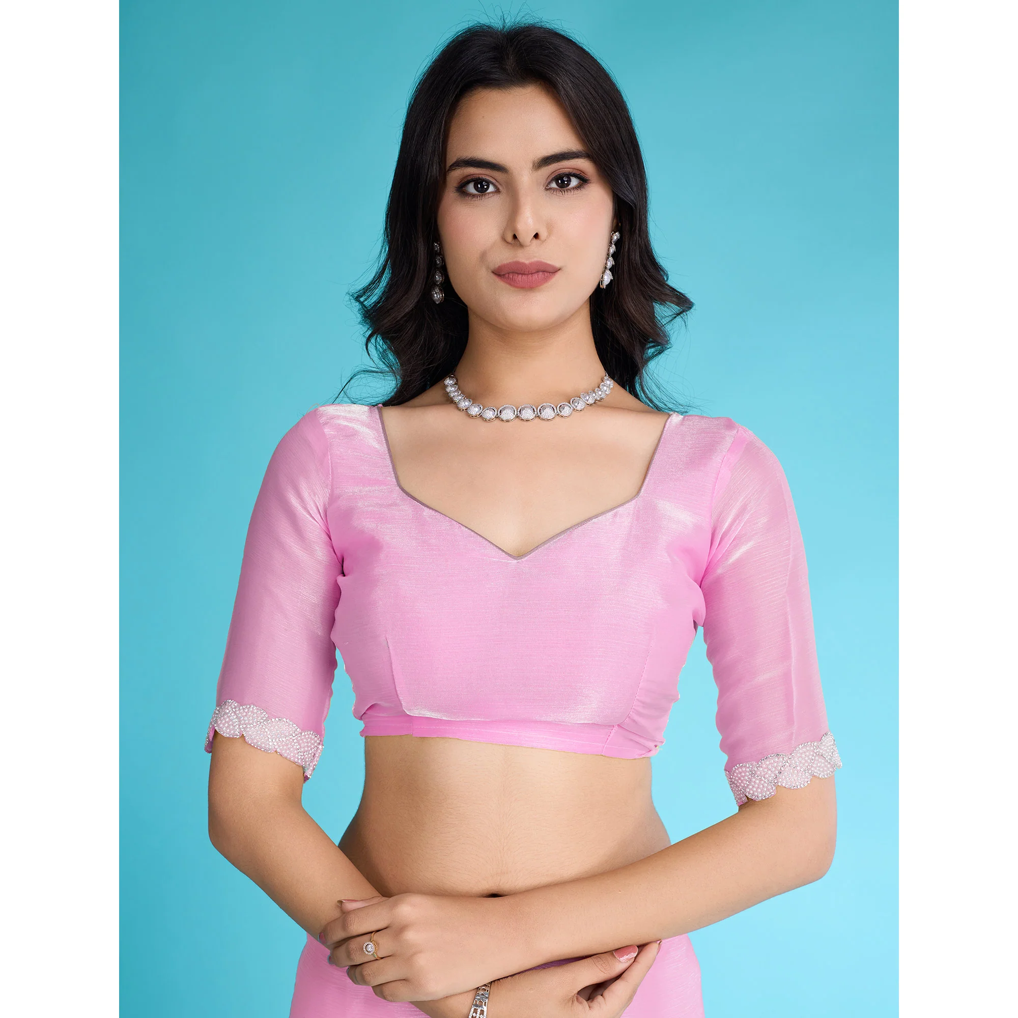 Pink Solid With Zarkan & Ceramic Pearl Diamond Lace Tissue Saree - Image 8