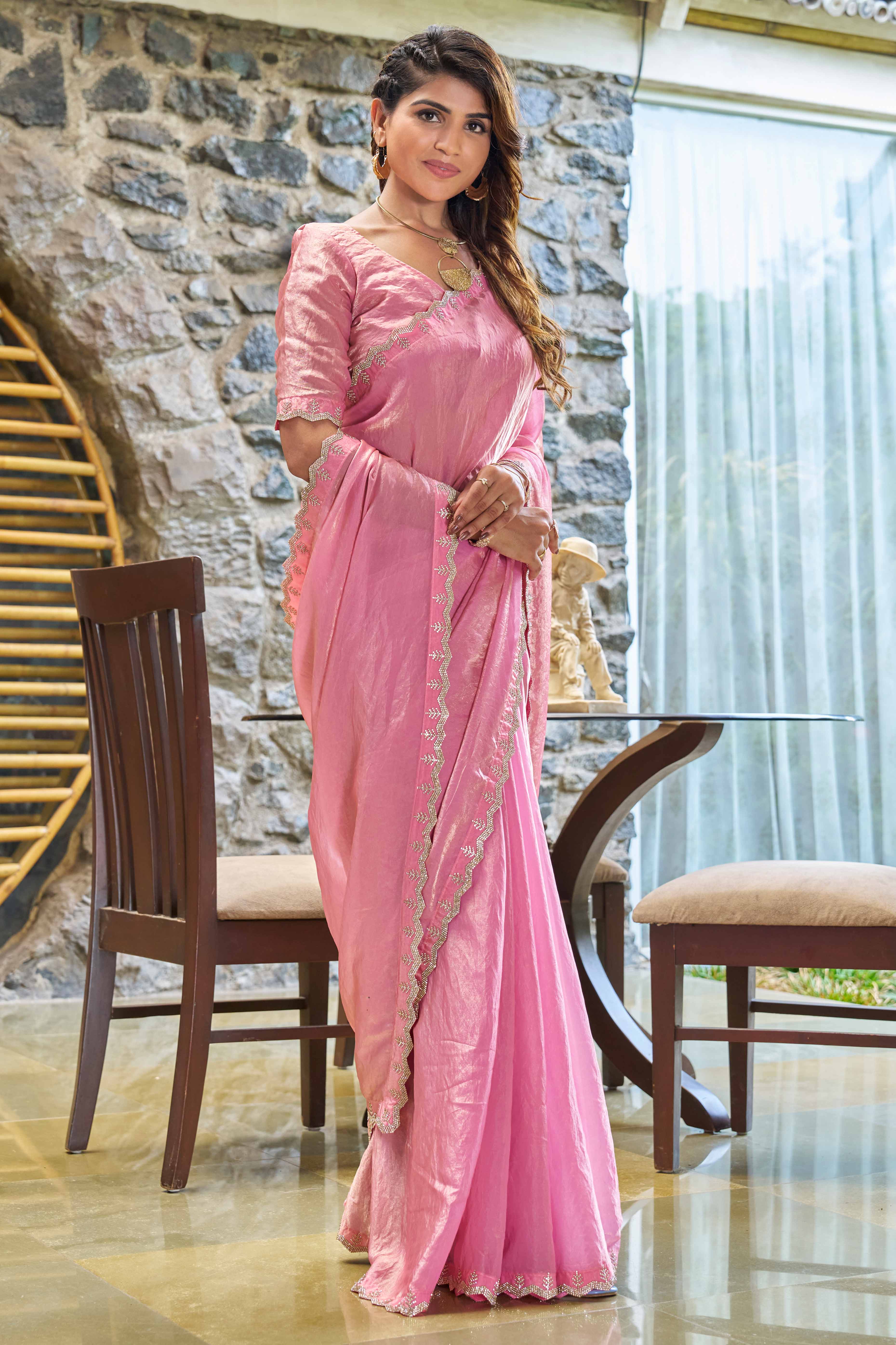 Timeless Pink Chiffon Solid Saree With Radiant Zarkan Craftsmanship - Image 3