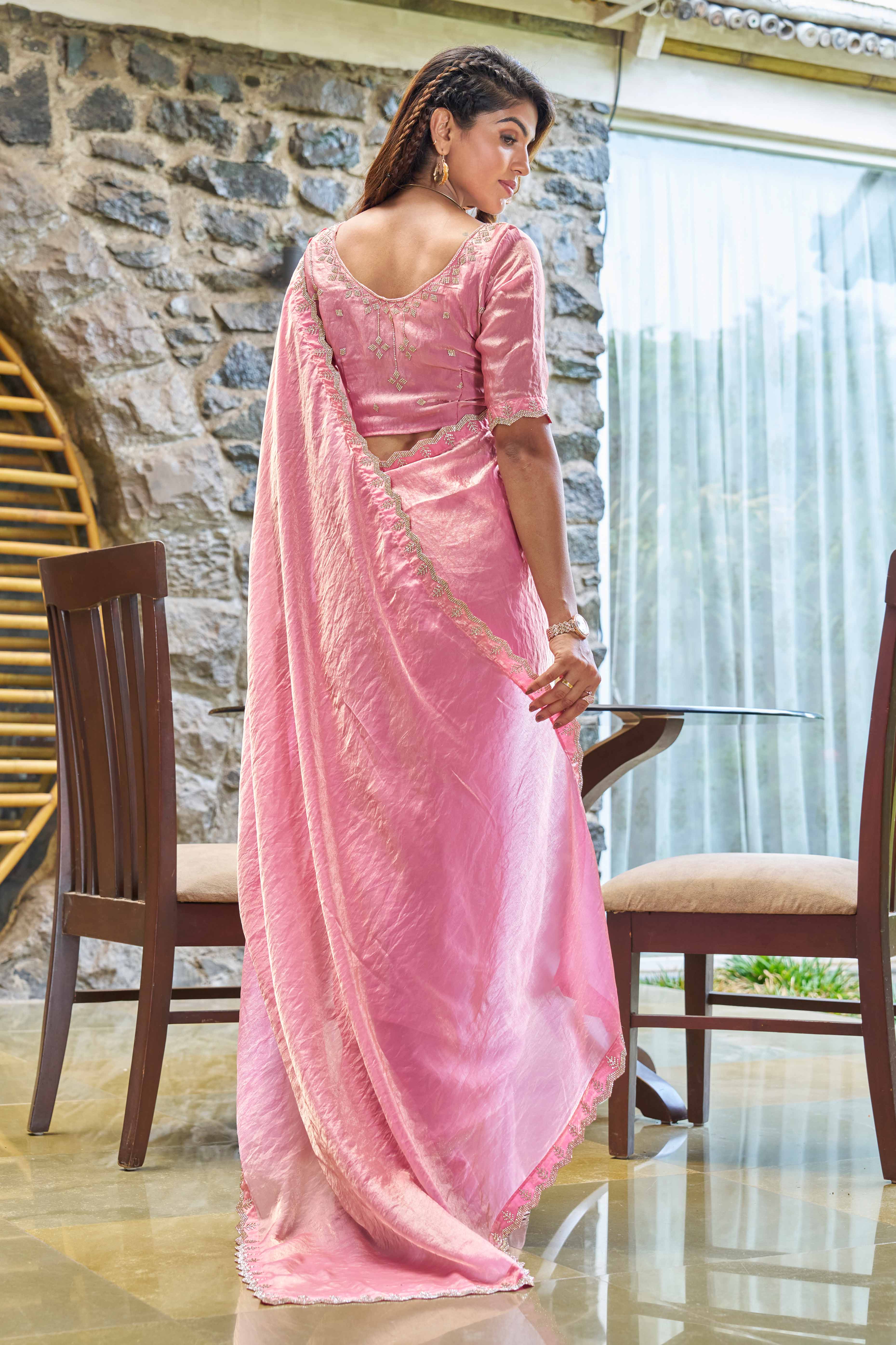 Timeless Pink Chiffon Solid Saree With Radiant Zarkan Craftsmanship - Image 4
