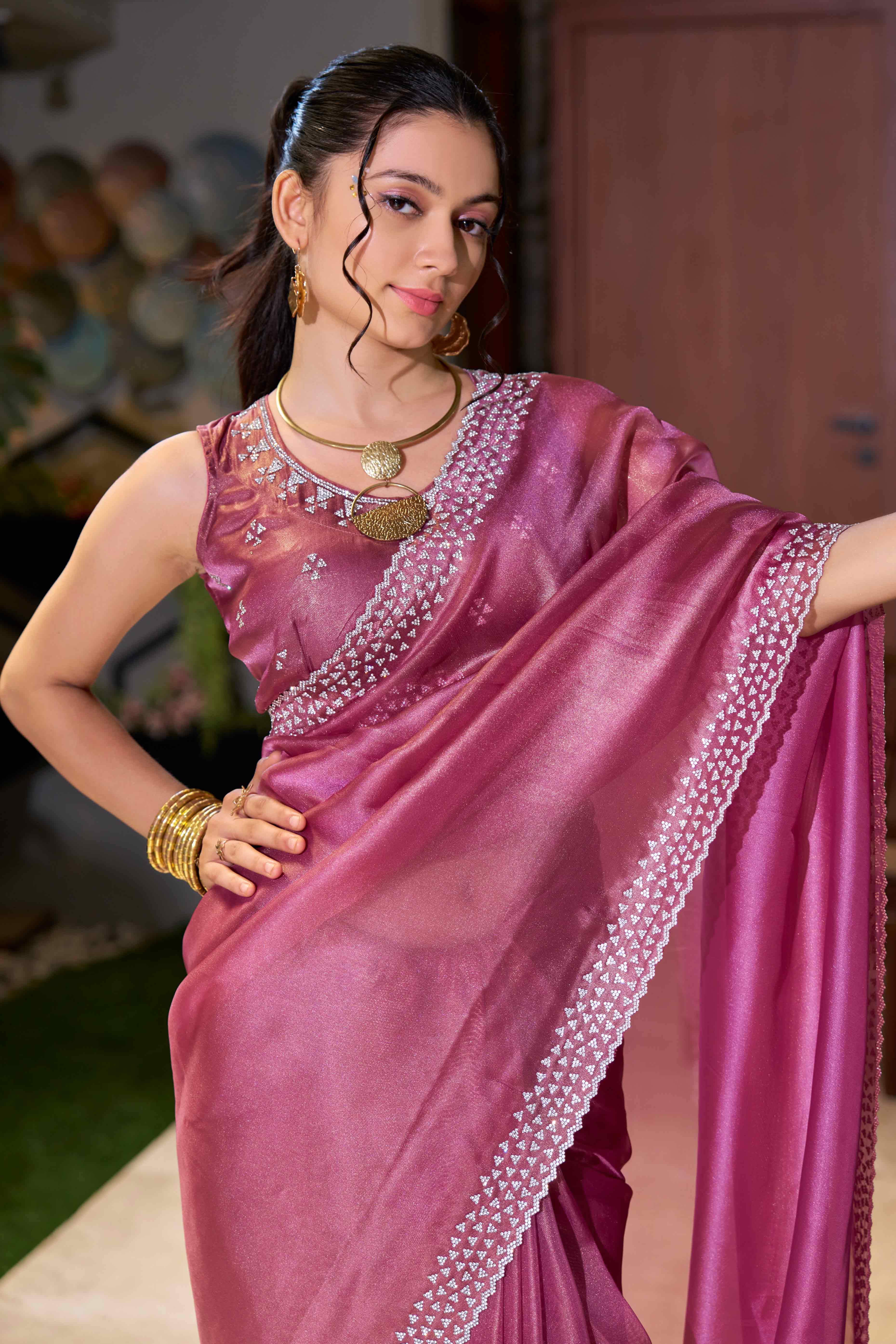 Pink Solid With Zarkan Work Organza Saree - Image 5