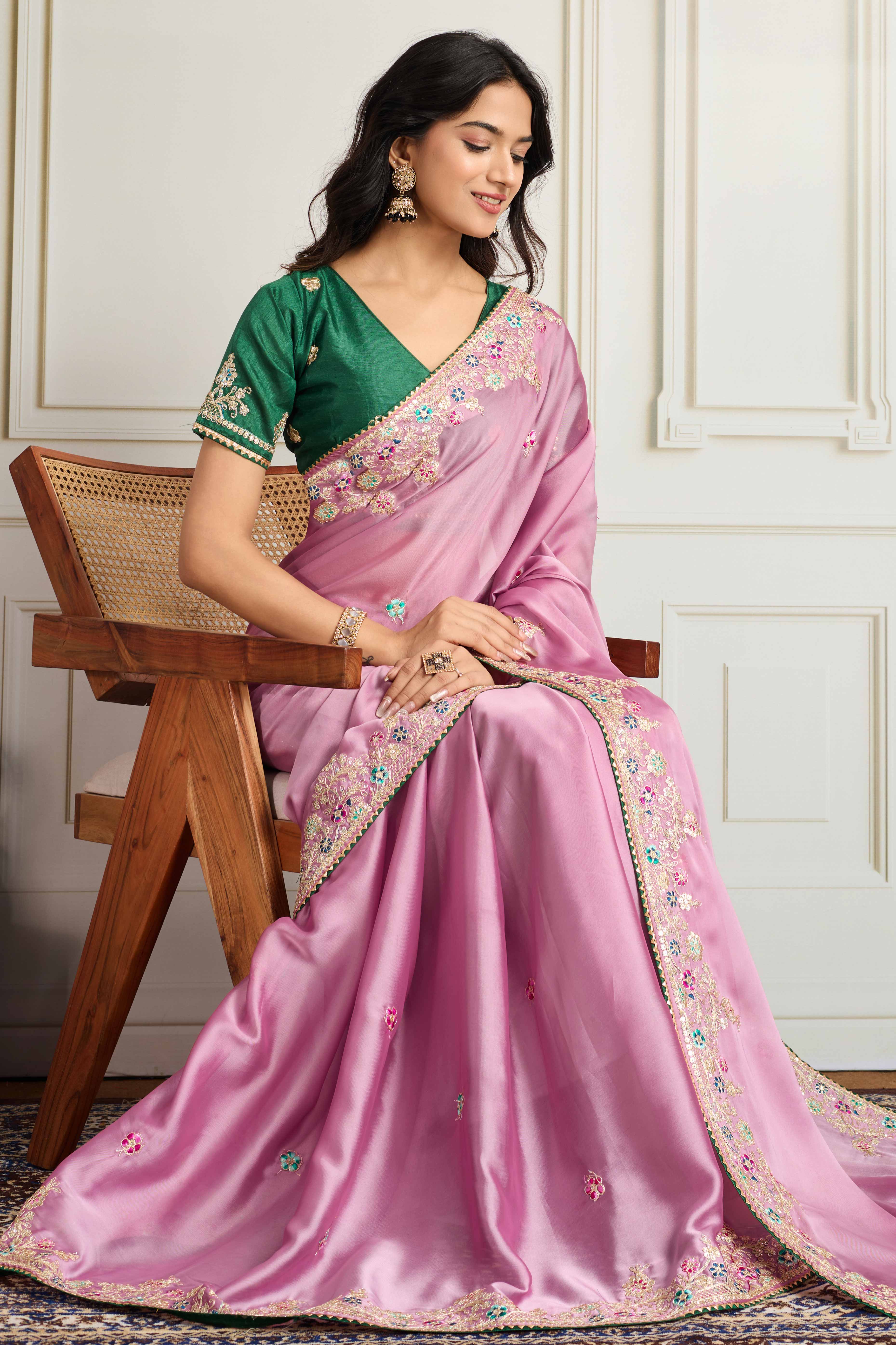Pink Star Georgette Party Saree with Sequins and Floral Embroidery - Image 5