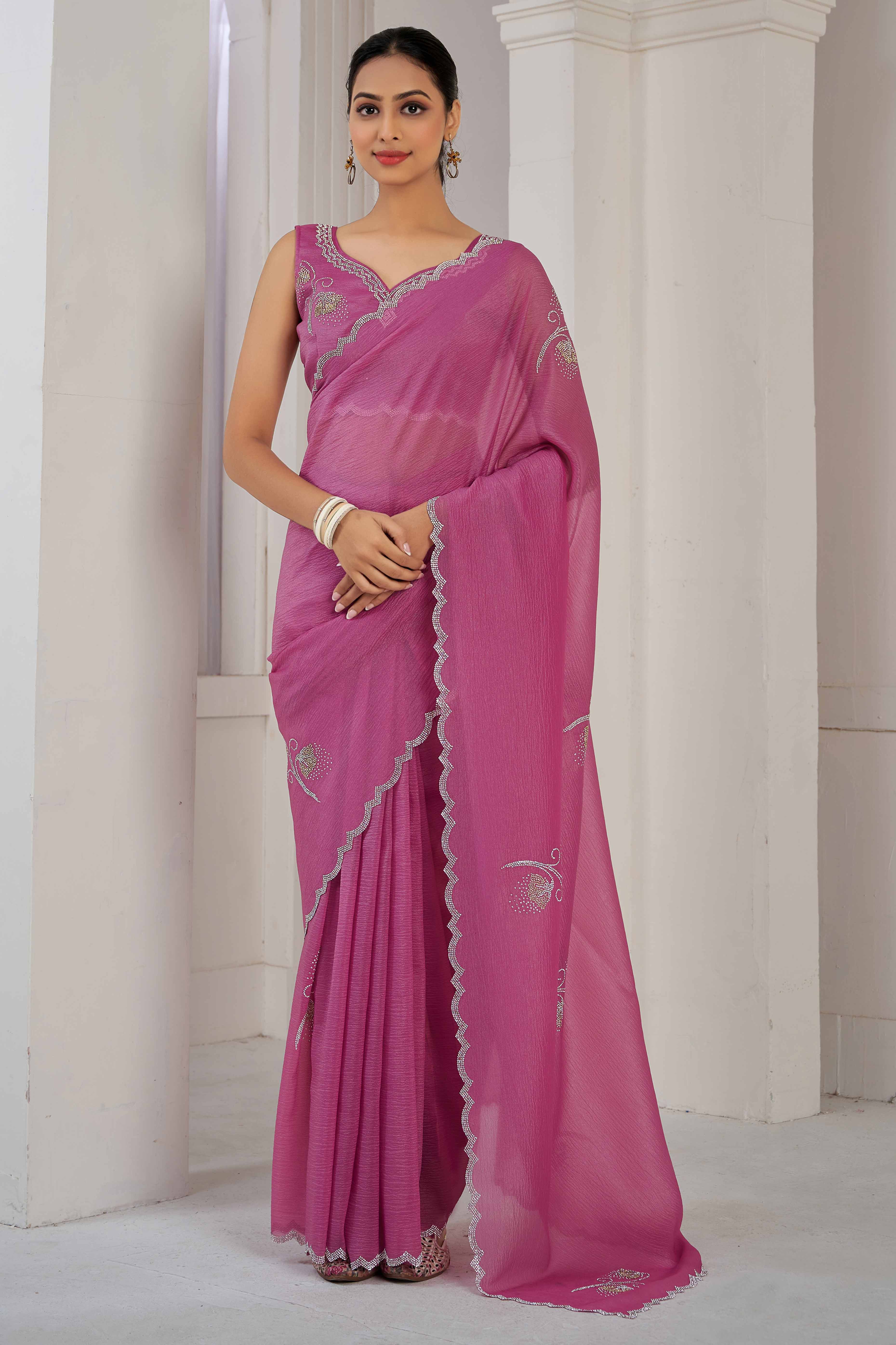 Pink Stone Work Embroidered Crepe Silk Saree - Image 3