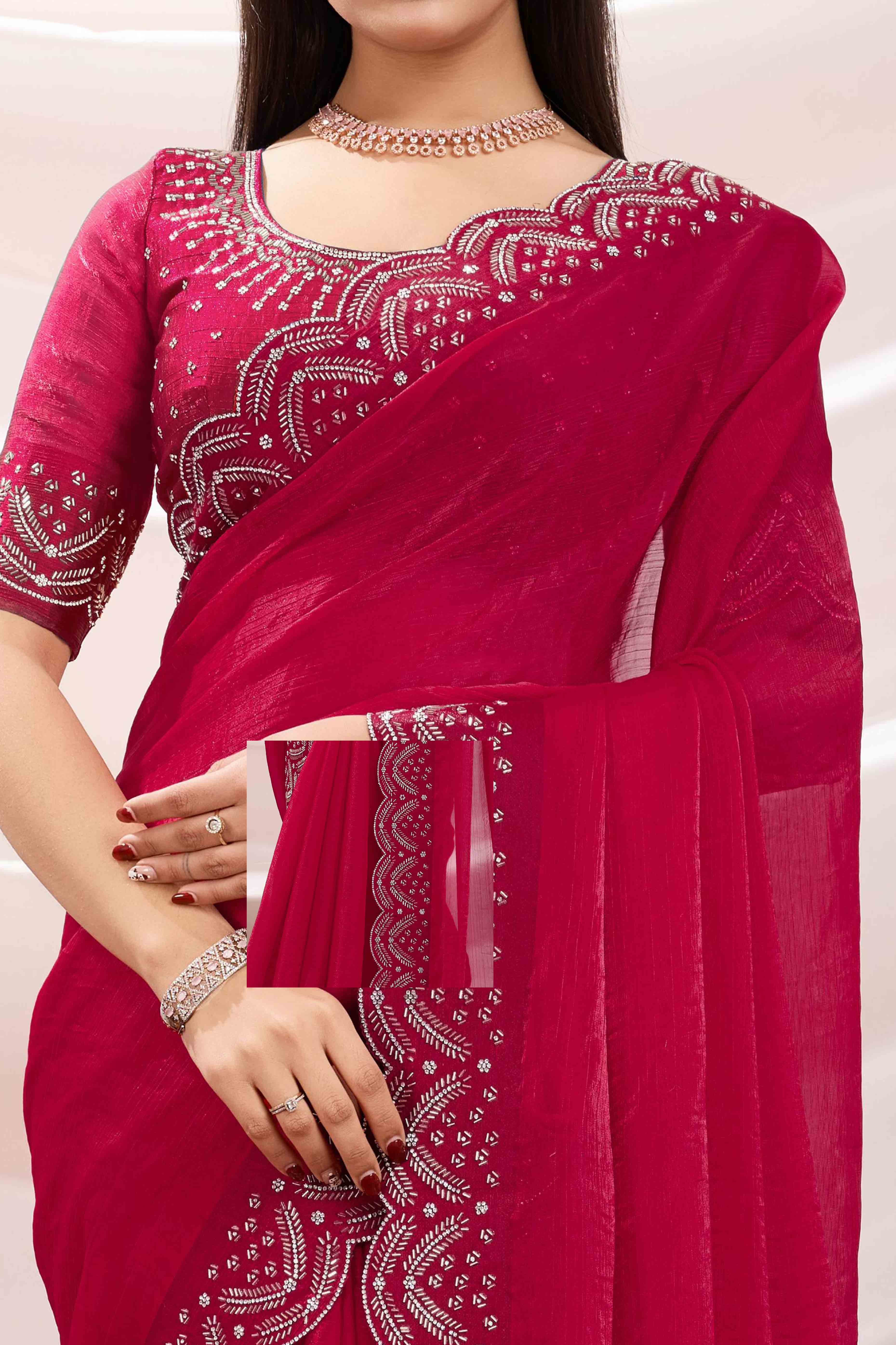 Pink Stone Work Embroidered Velvet Chiffon Saree - Image 2