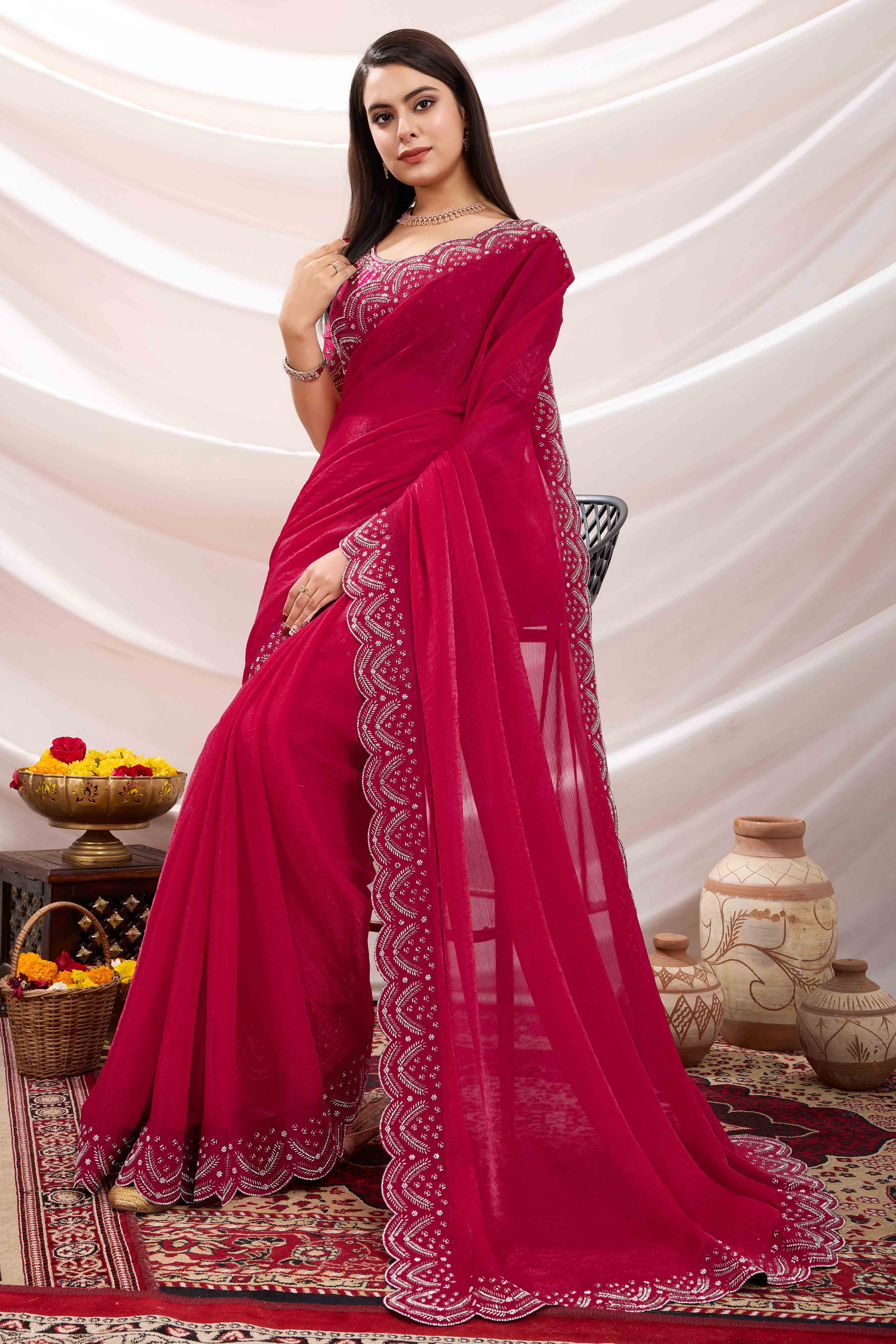 Pink Stone Work Embroidered Velvet Chiffon Saree - Image 3