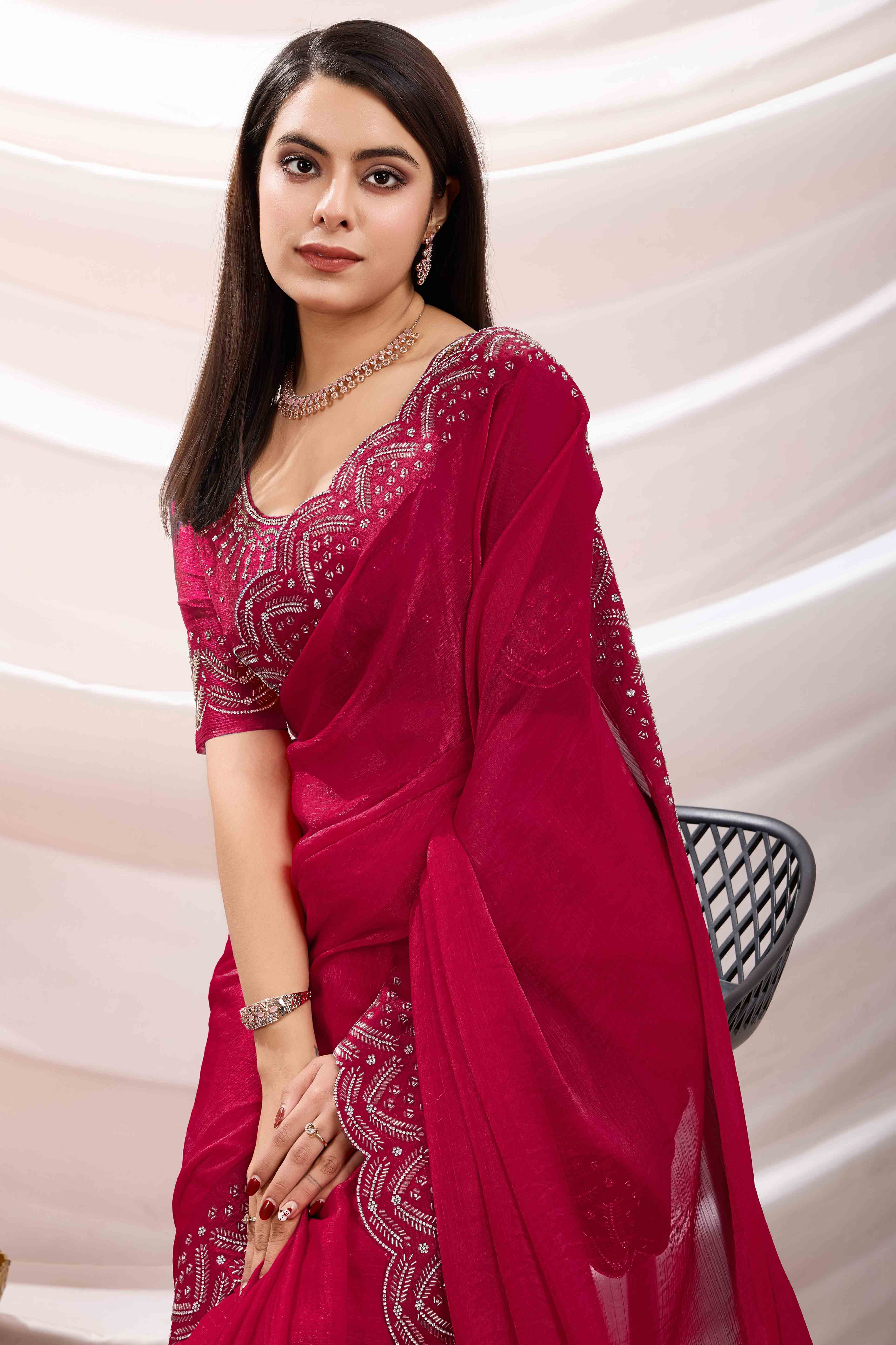 Pink Stone Work Embroidered Velvet Chiffon Saree - Image 6
