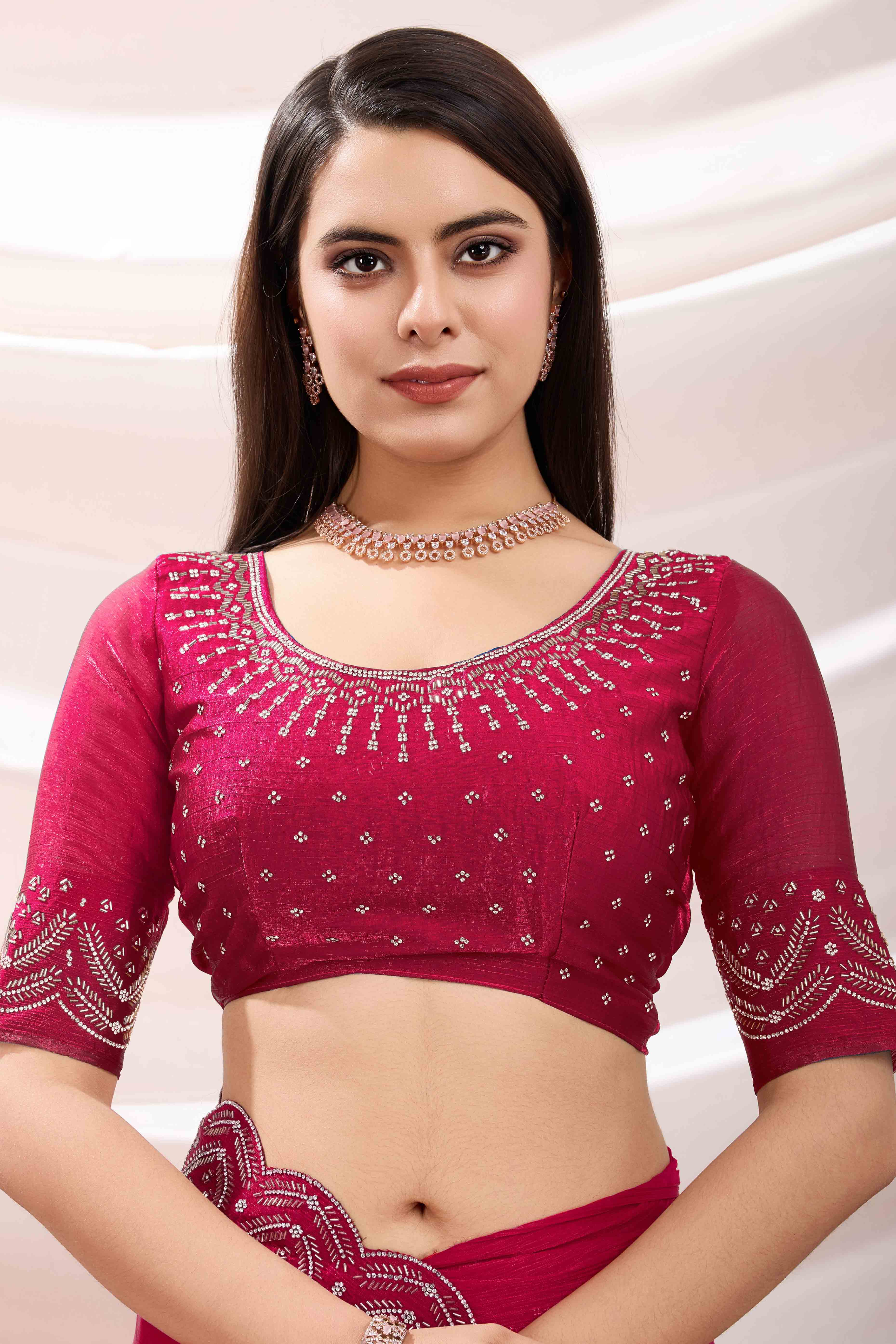 Pink Stone Work Embroidered Velvet Chiffon Saree - Image 8