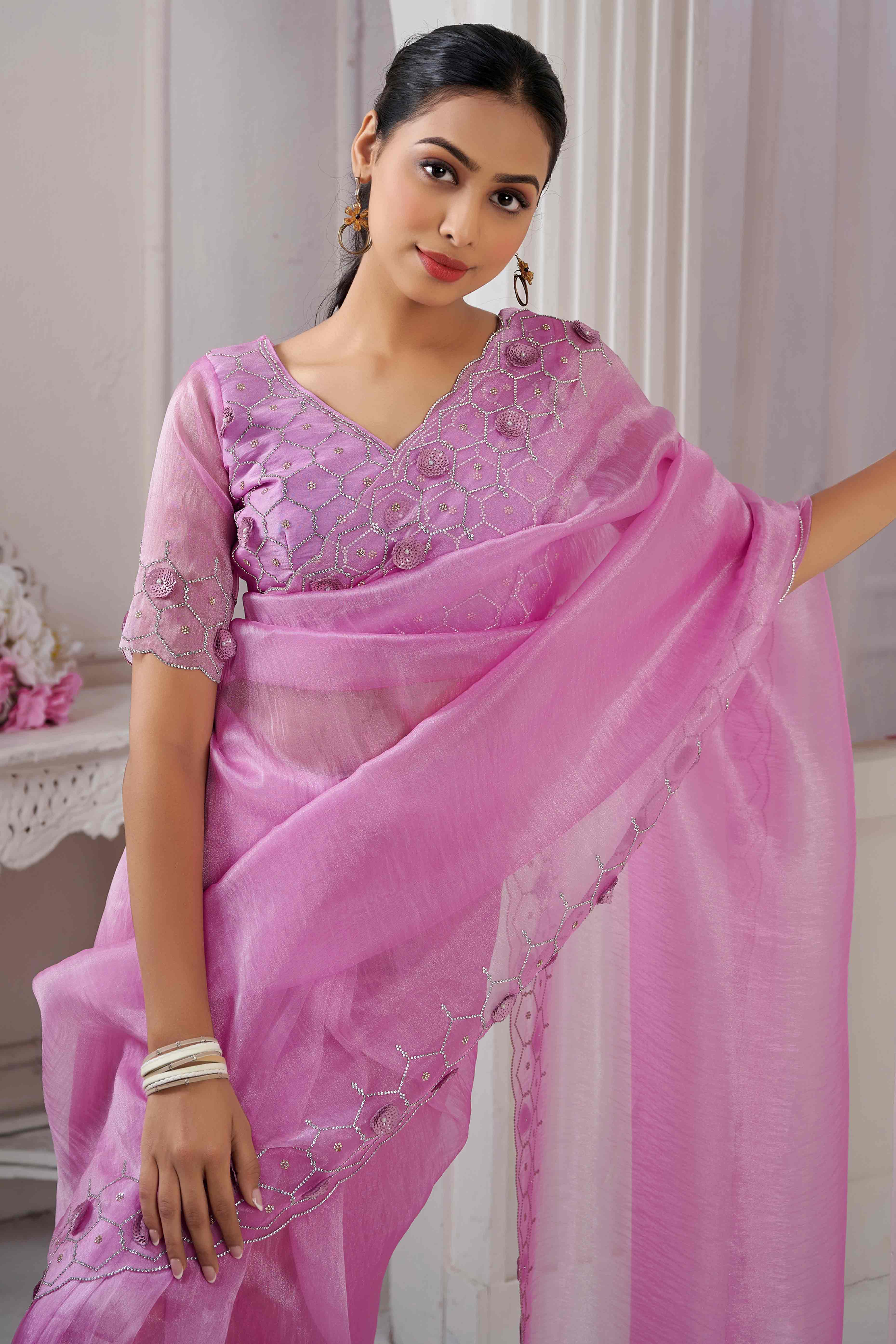 Pink Stone Work Soft Organza Saree - Image 4
