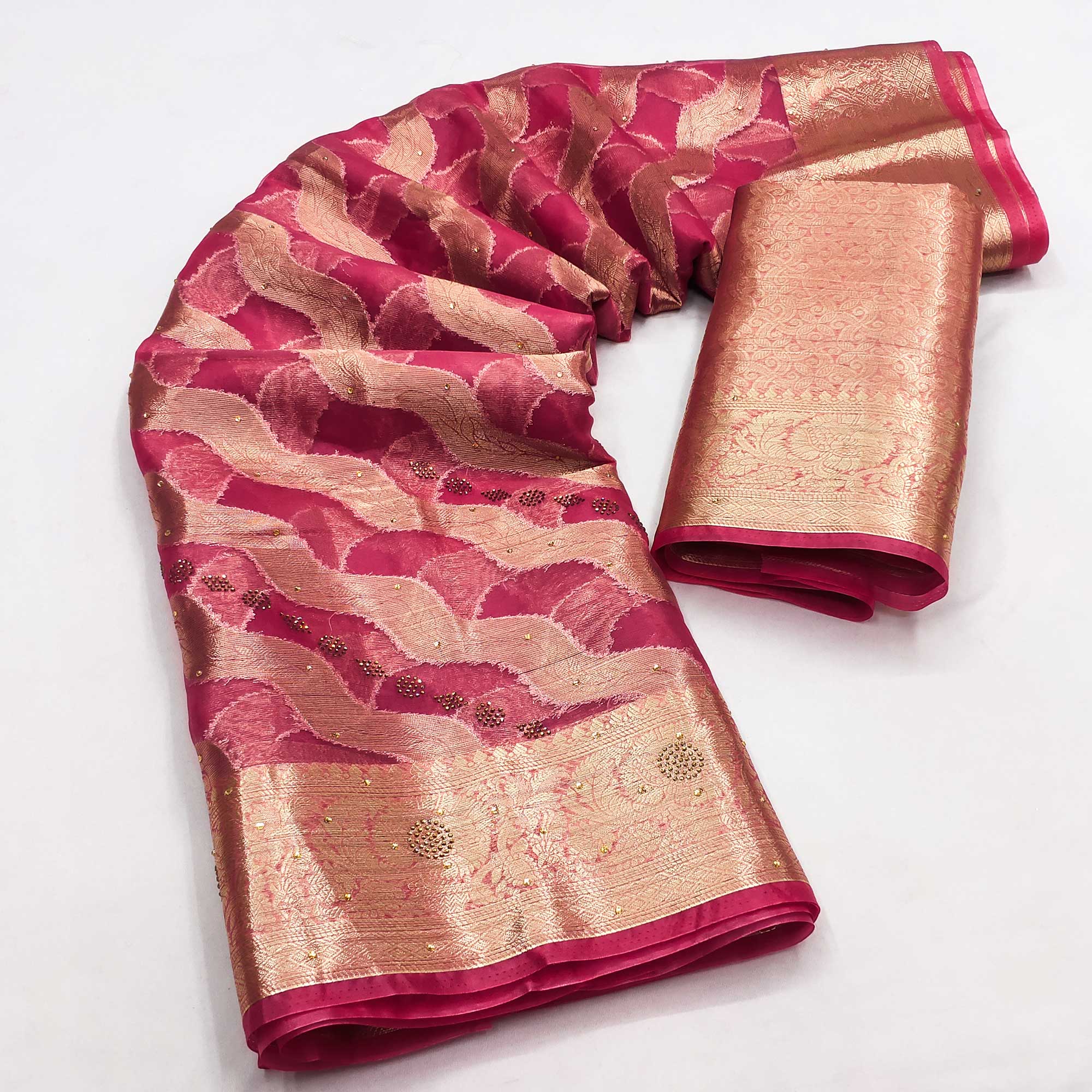 Pink Stone Work Woven Organza Jacquard Saree - Image 3
