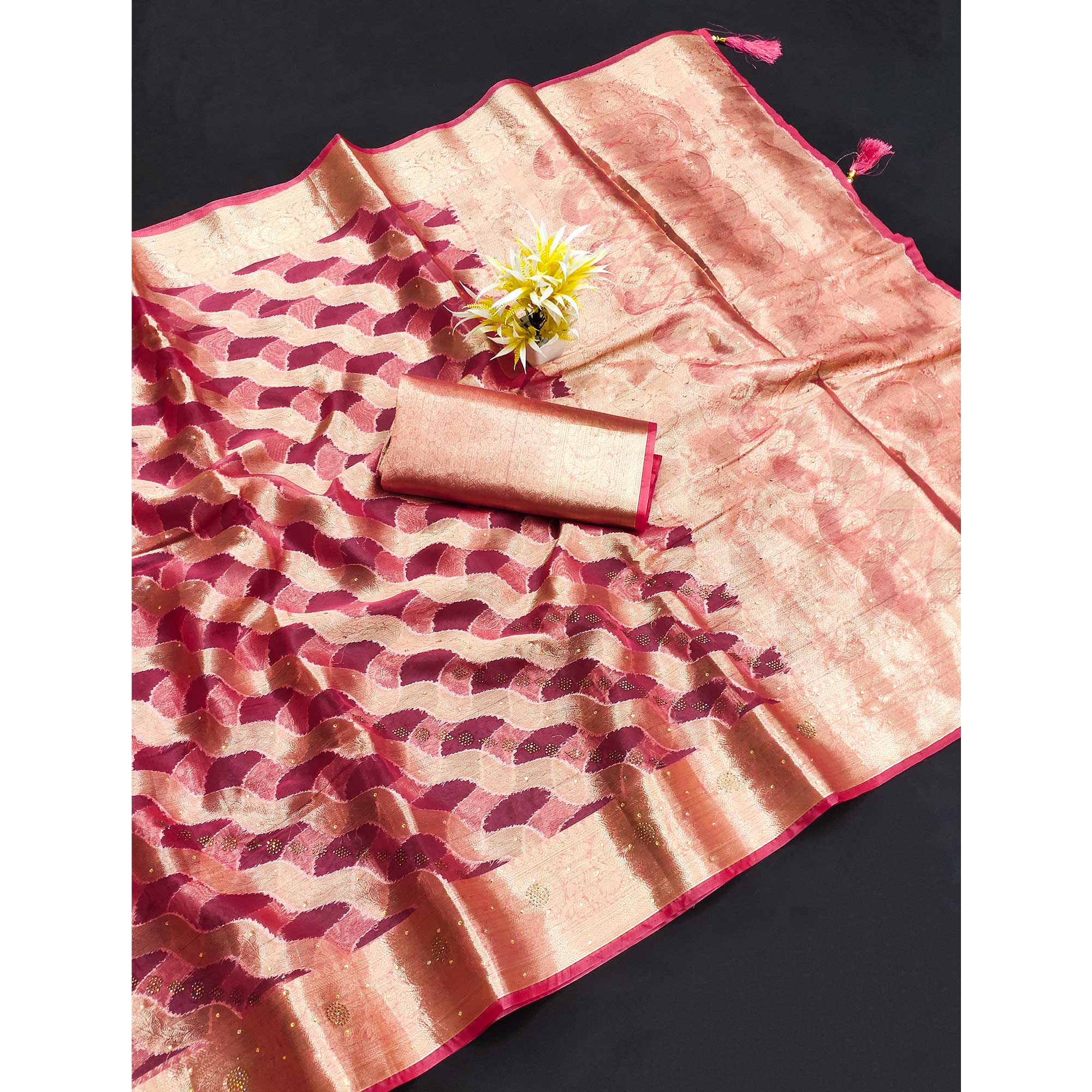 Pink Stone Work Woven Organza Jacquard Saree - Image 4