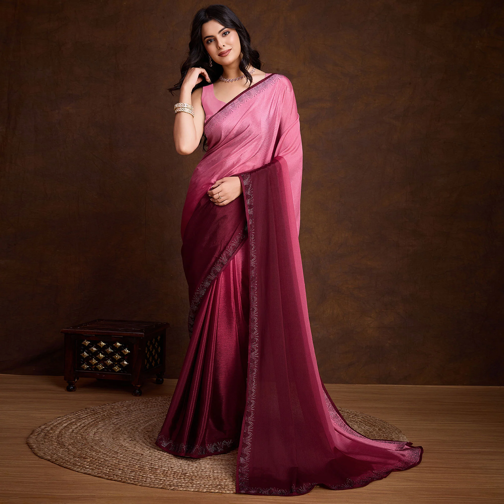 Pink Swarovski Border Work Chinon Ombre Saree - Image 2