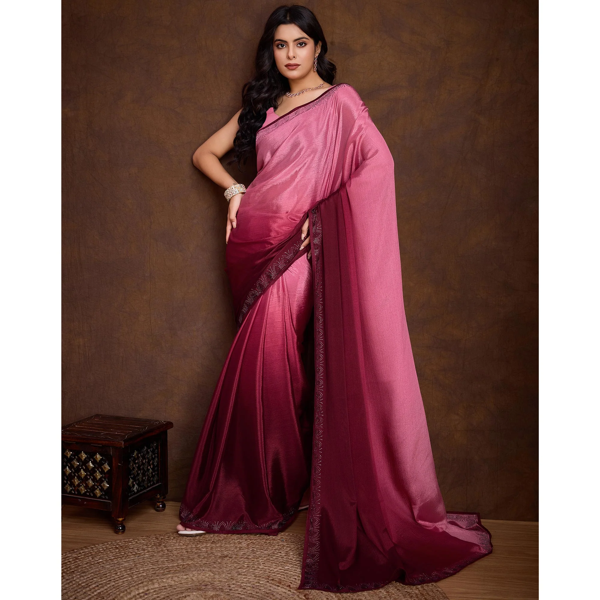 Pink Swarovski Border Work Chinon Ombre Saree - Image 4