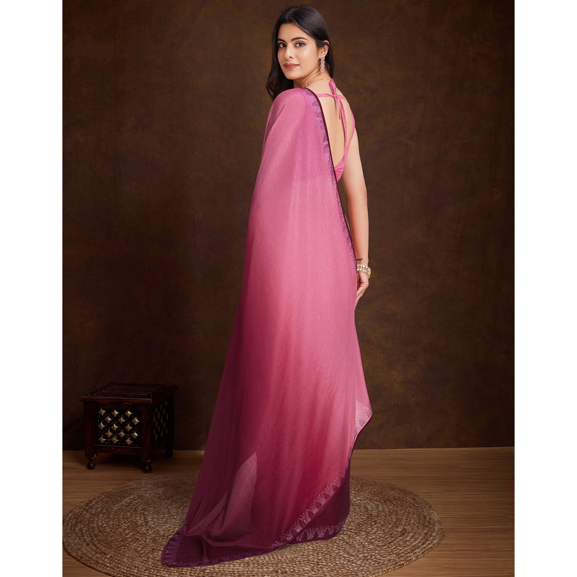 Pink Swarovski Border Work Chinon Ombre Saree - Image 5