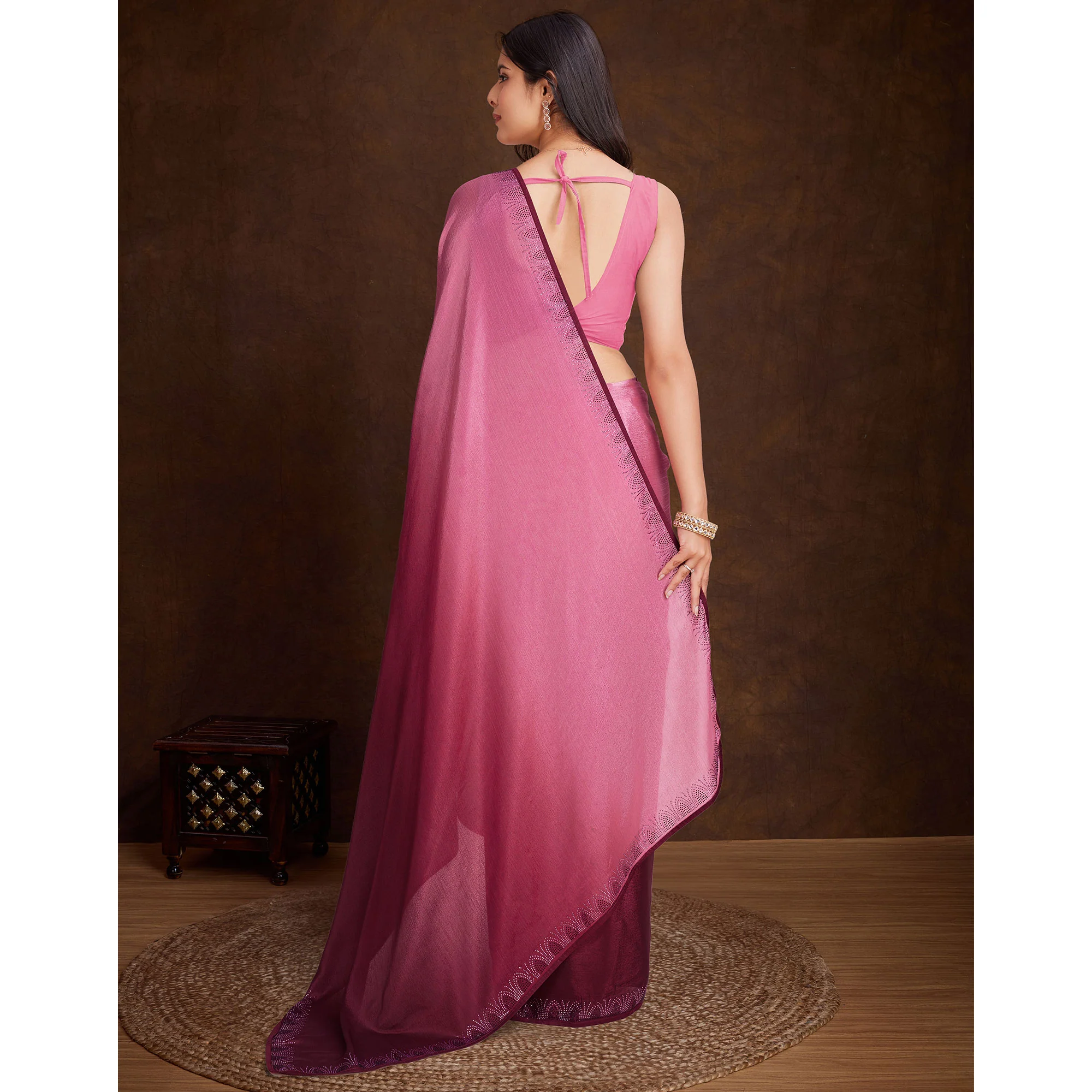Pink Swarovski Border Work Chinon Ombre Saree - Image 6