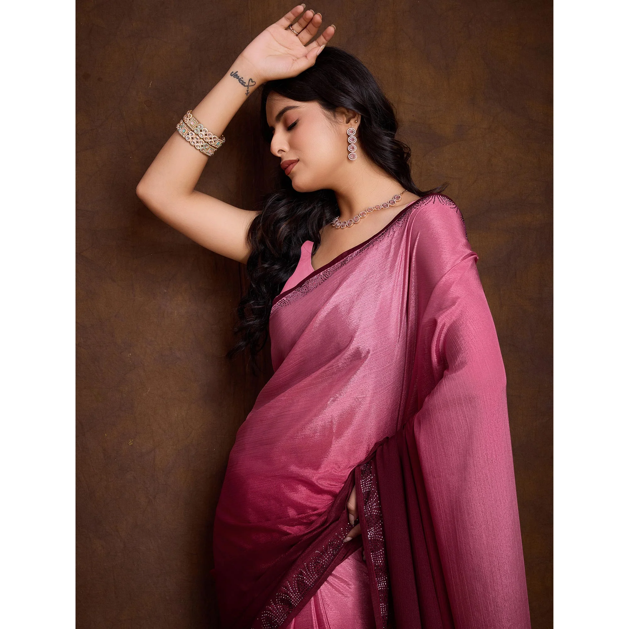 Pink Swarovski Border Work Chinon Ombre Saree - Image 7