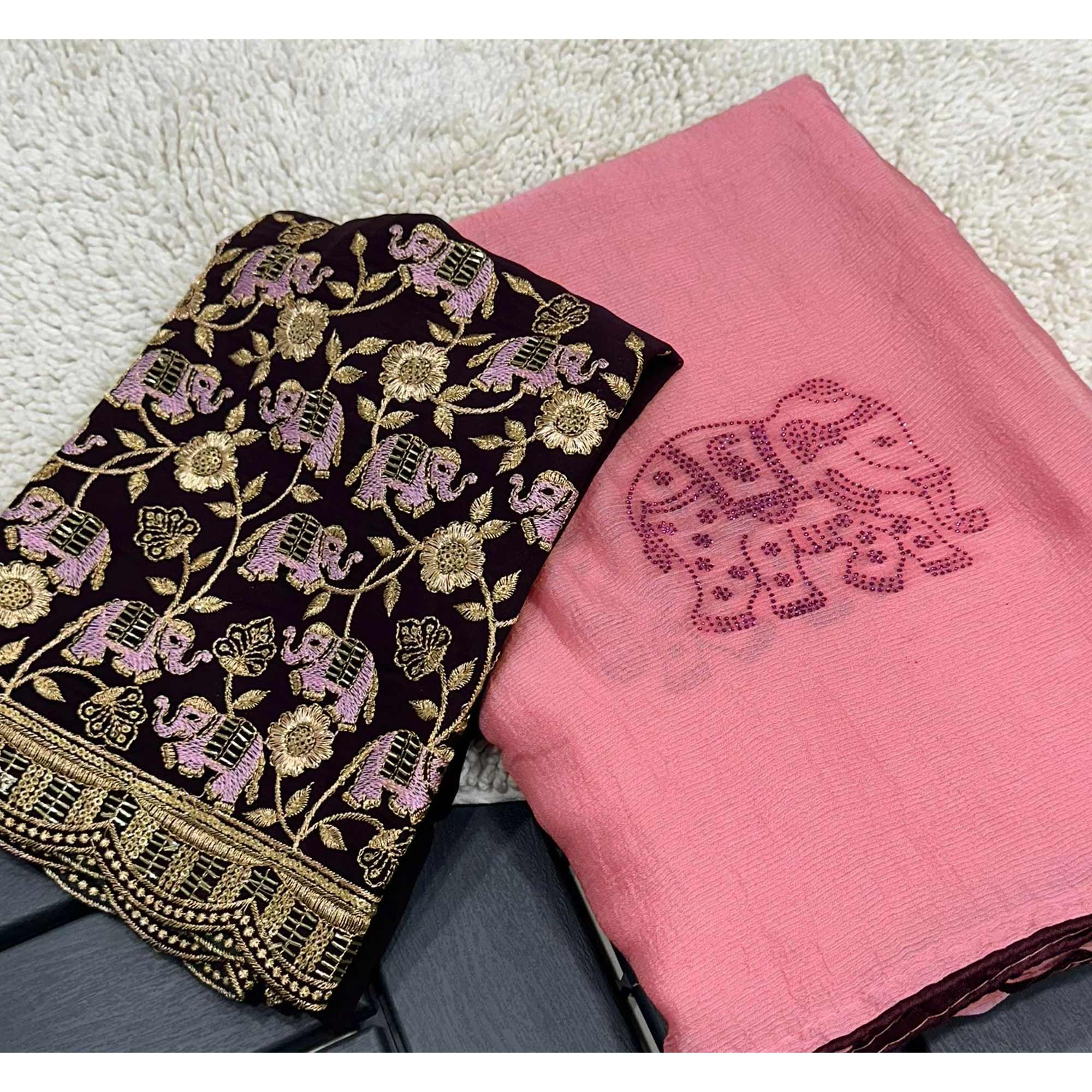 Pink Swarovski Embroidered Art Silk Saree - Image 3