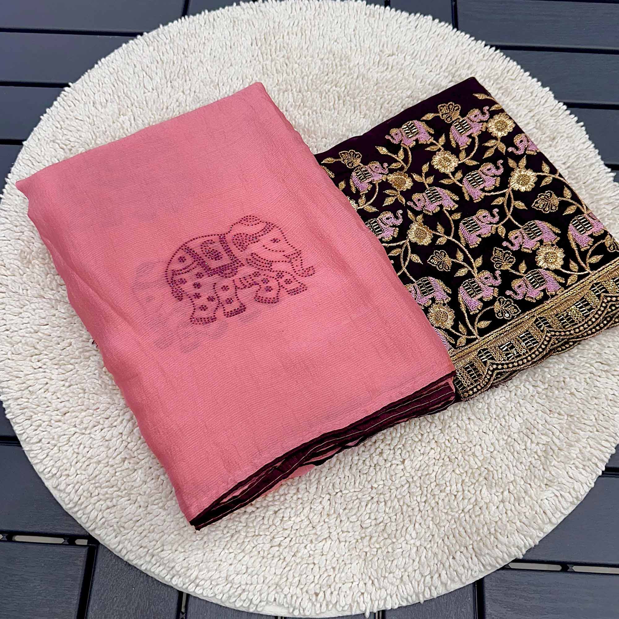 Pink Swarovski Embroidered Art Silk Saree - Image 4