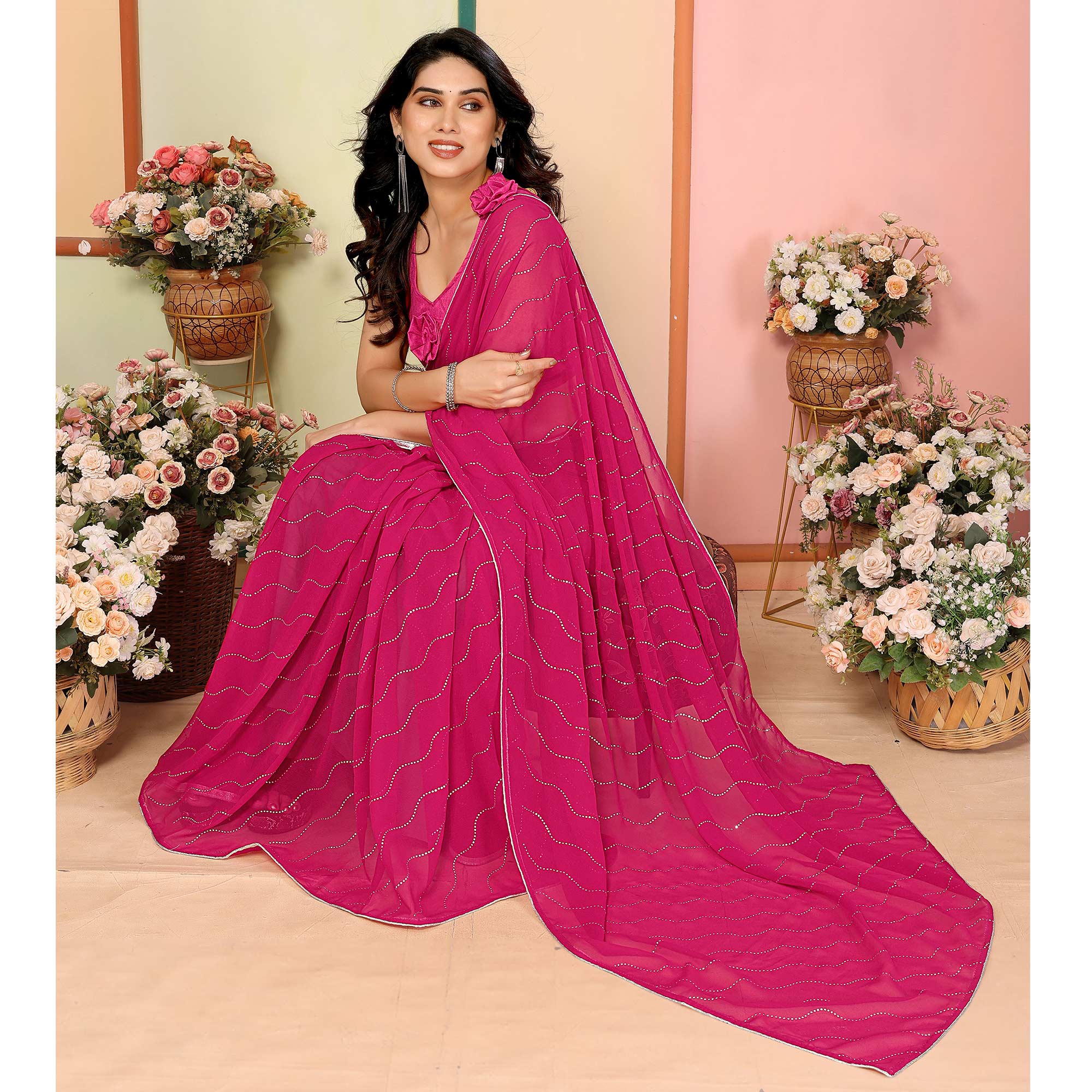 Pink Swarovski Work Embroidered Georgette Saree - Image 4