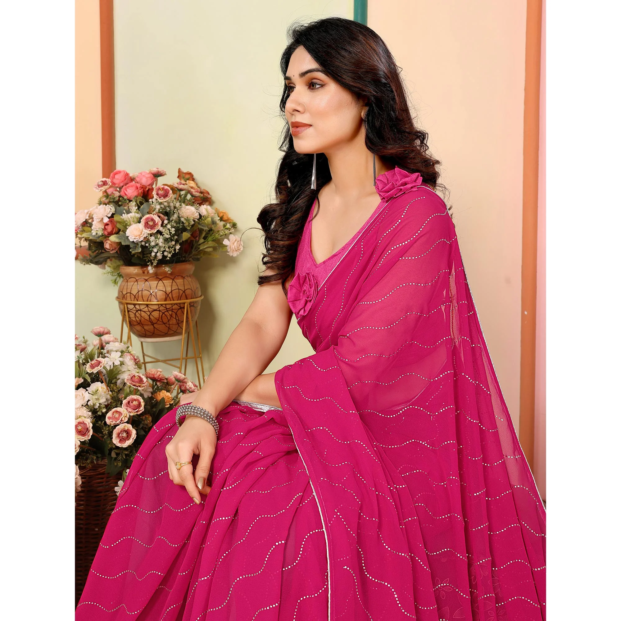 Pink Swarovski Work Embroidered Georgette Saree - Image 5