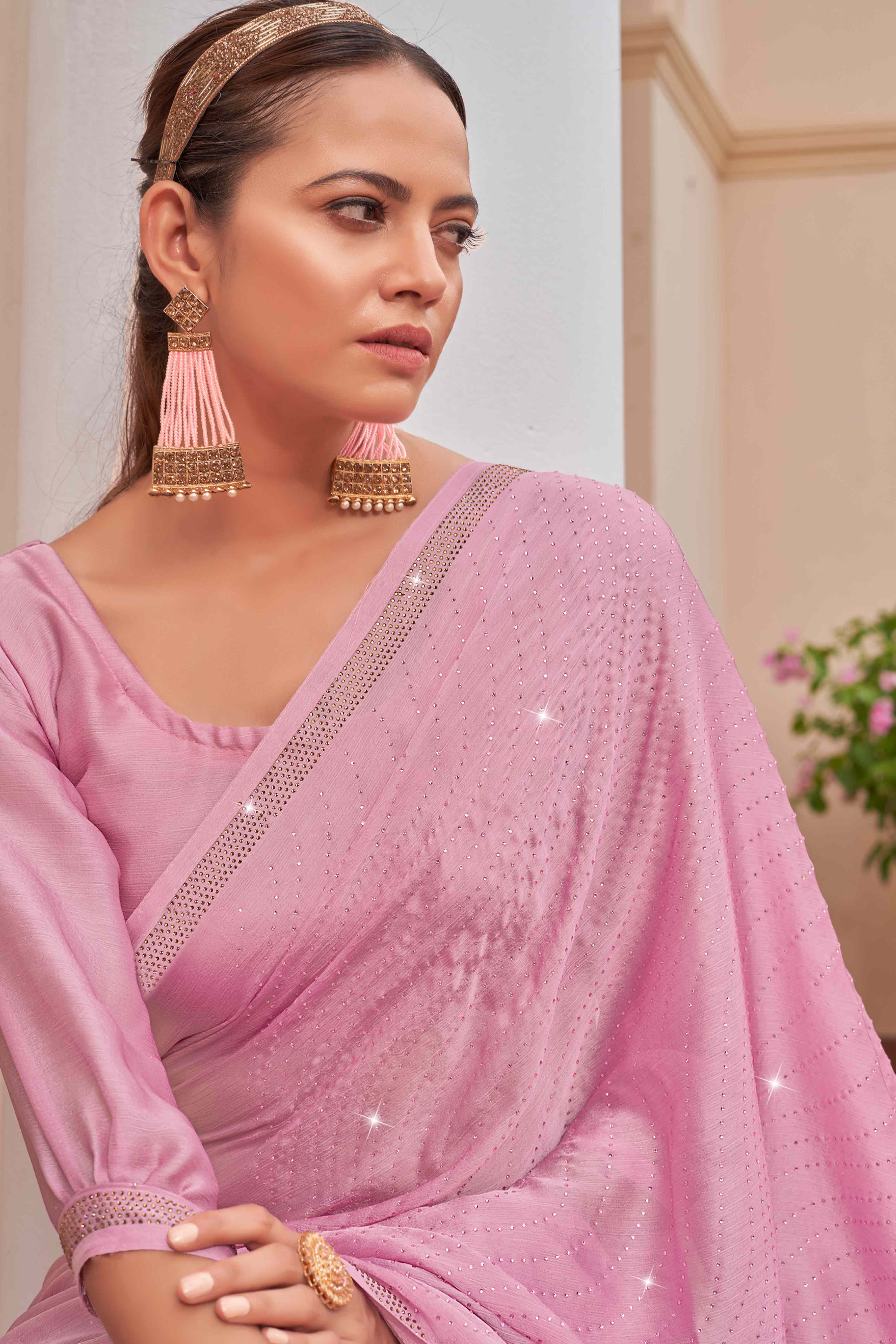 Pink Swarovski Work Embroidered Satin Saree - Image 3