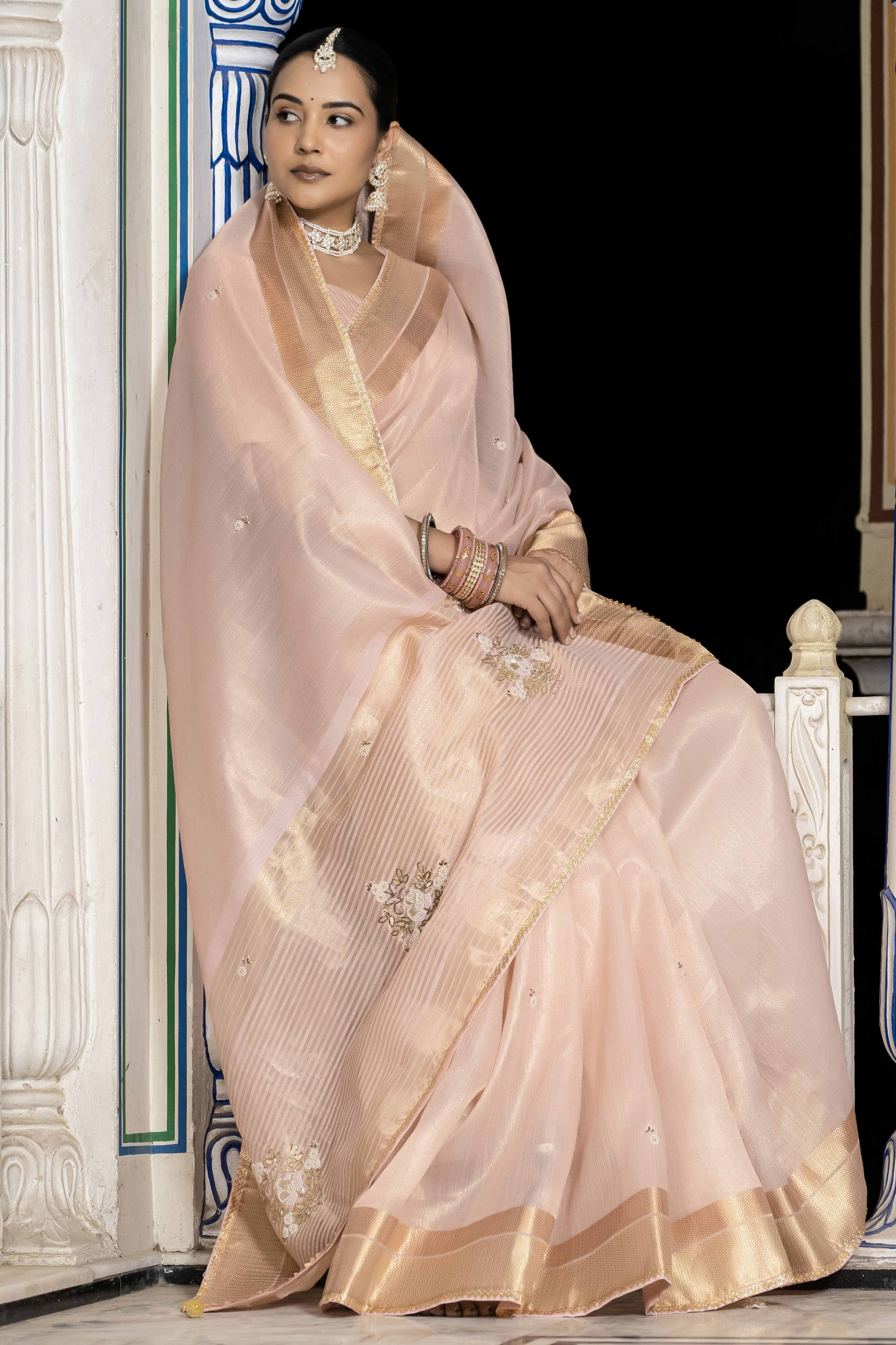Pink Tissue Linen Saree Featuring Intricate Zari and Beadwork - Image 5