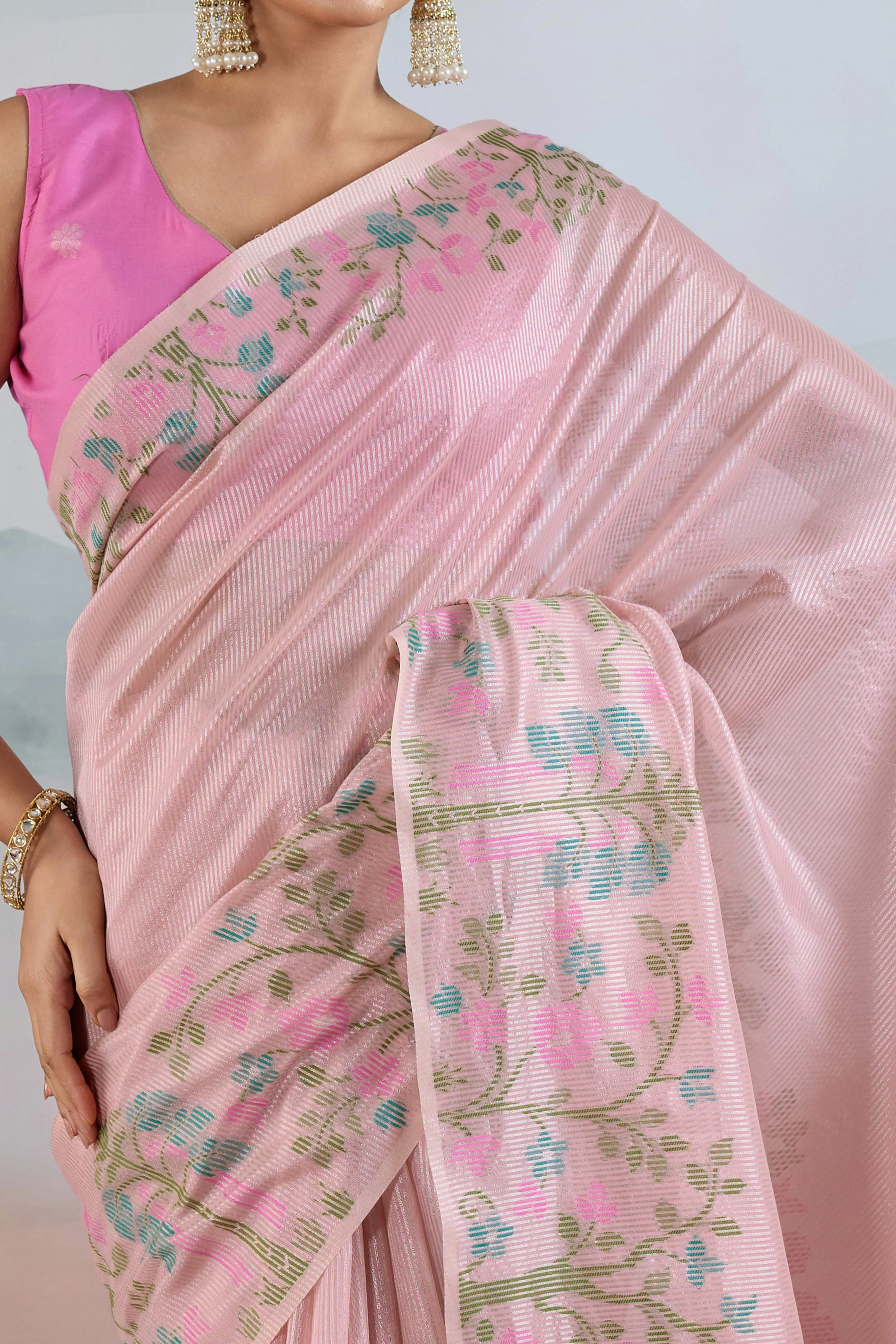 Pink Tissue Silk Saree Showcasing Floral & Striped Weaving With Tassel Adornment - Image 2