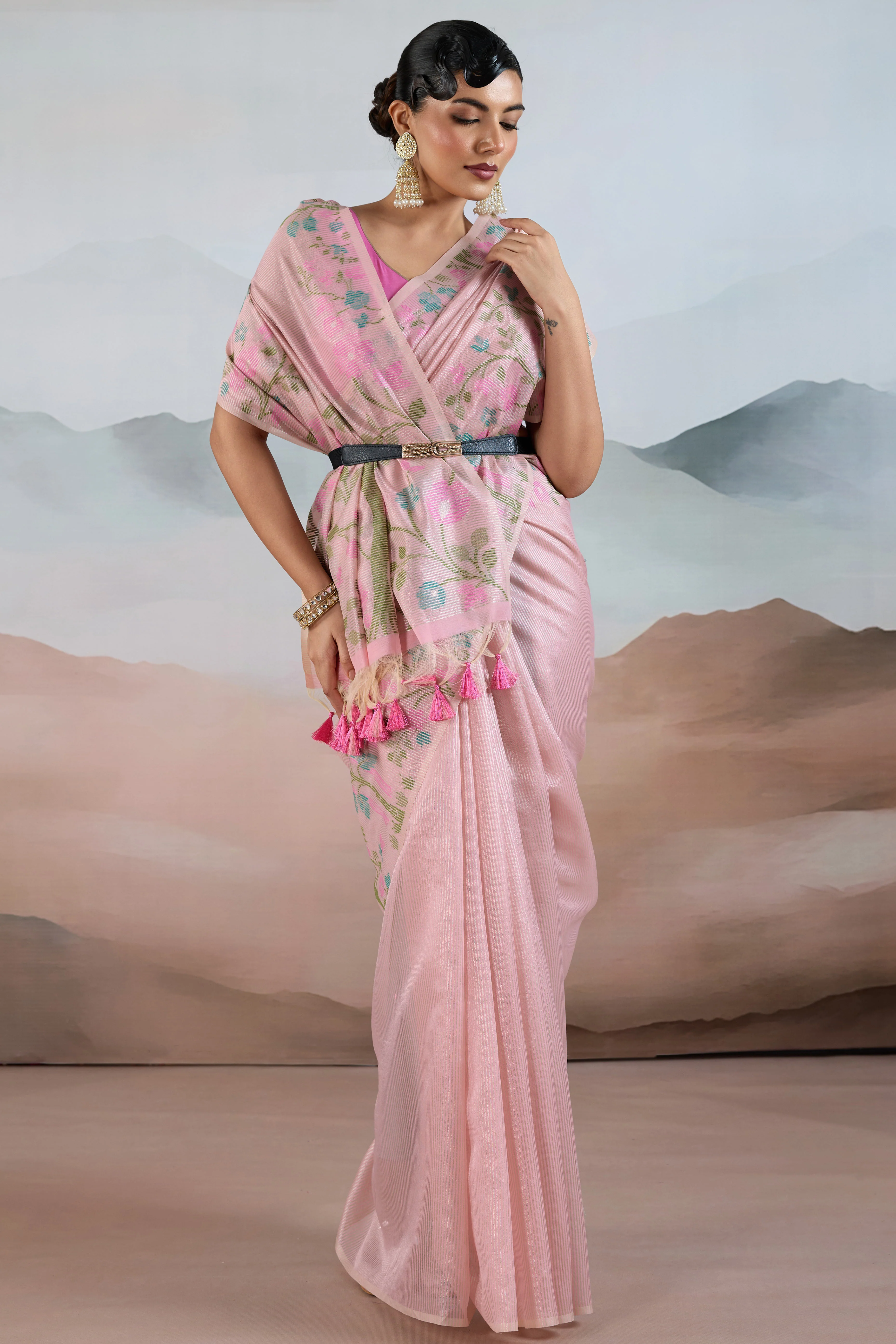 Pink Tissue Silk Saree Showcasing Floral & Striped Weaving With Tassel Adornment - Image 4